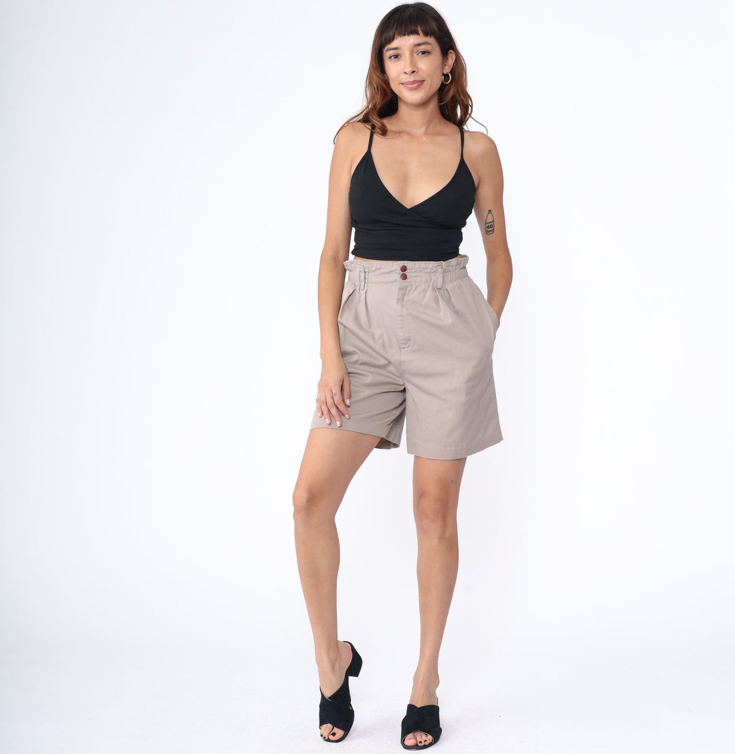 90s Khaki Pleated Paper Bag Shorts High Waisted Cotton Small