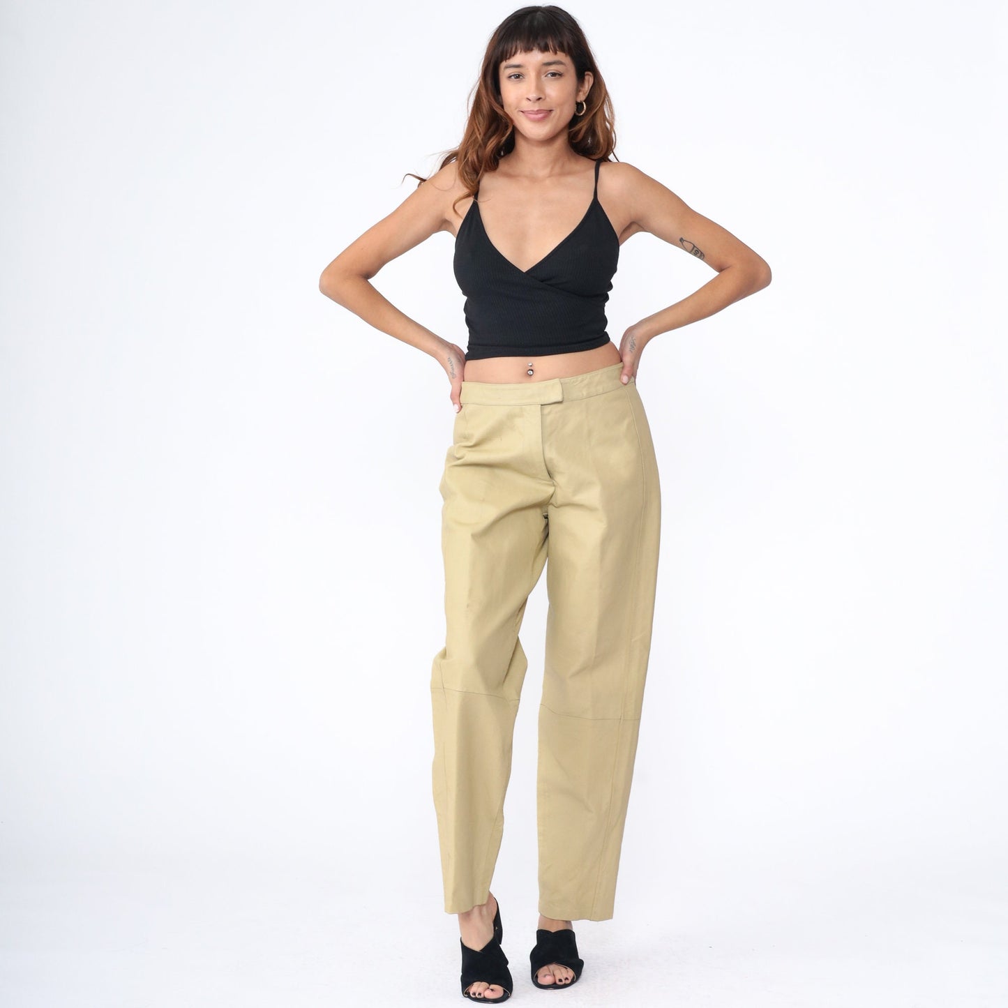 80s Bagatelle Leather Pants High Waist Straight Leg Beige Large