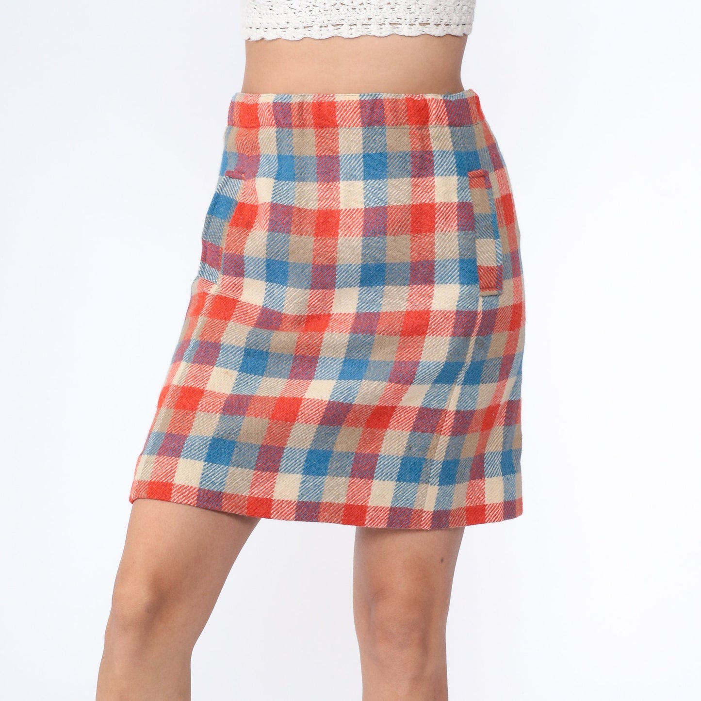70s Bobbie Brooks Checkered Wool Mini Skirt High Waist Orange Blue Plaid Large
