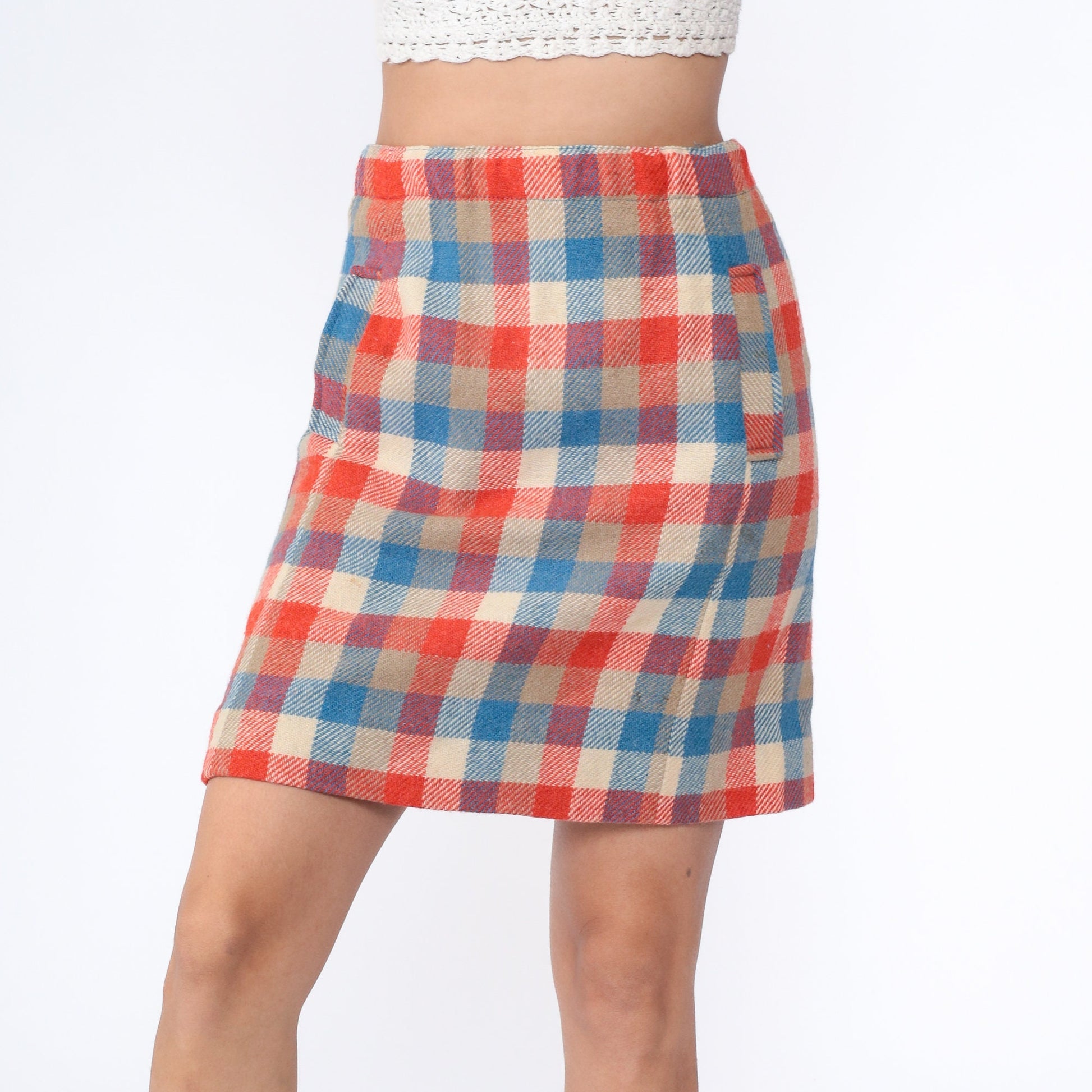 70s Bobbie Brooks Checkered Wool Mini Skirt High Waist Orange Blue Plaid Large