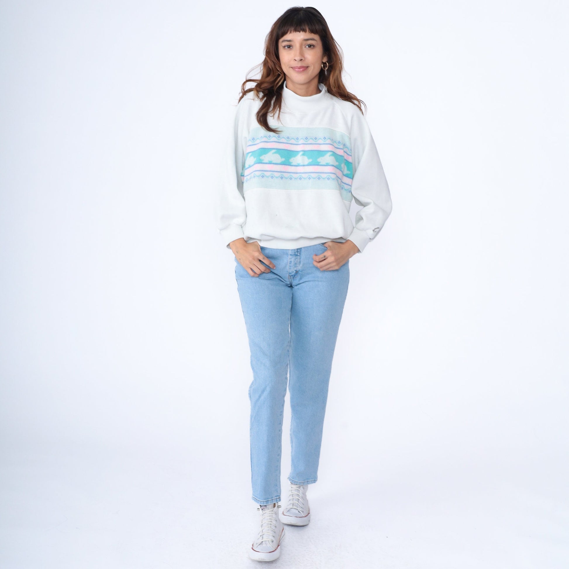 90s Bunny Rabbit Heart Sweatshirt Mock Neck White Pink Plus Size XXL