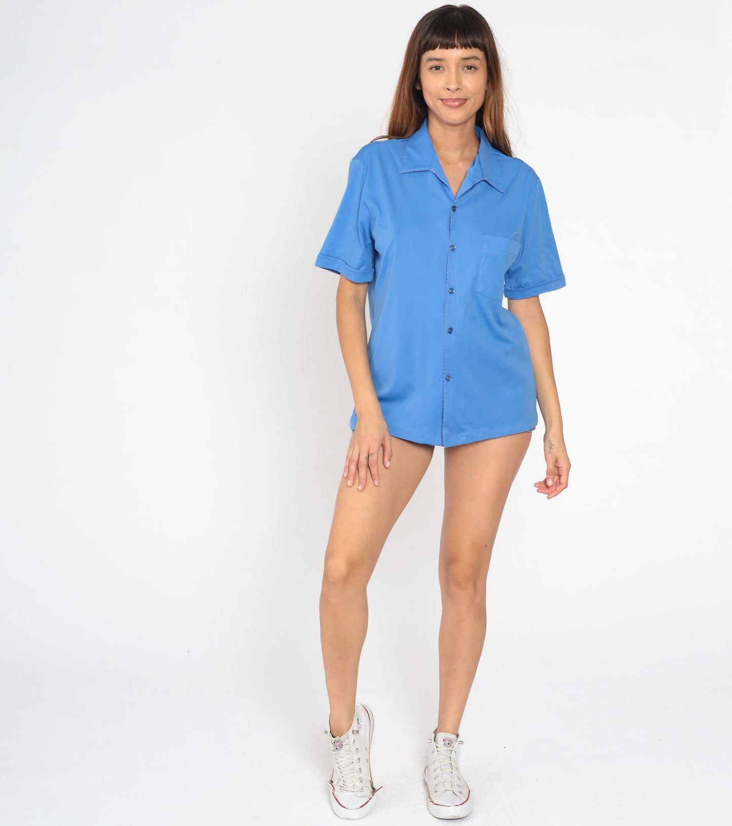 70s Blue Button-Up Shirt Pointed Collar Chest Pocket Short Sleeve Medium Large