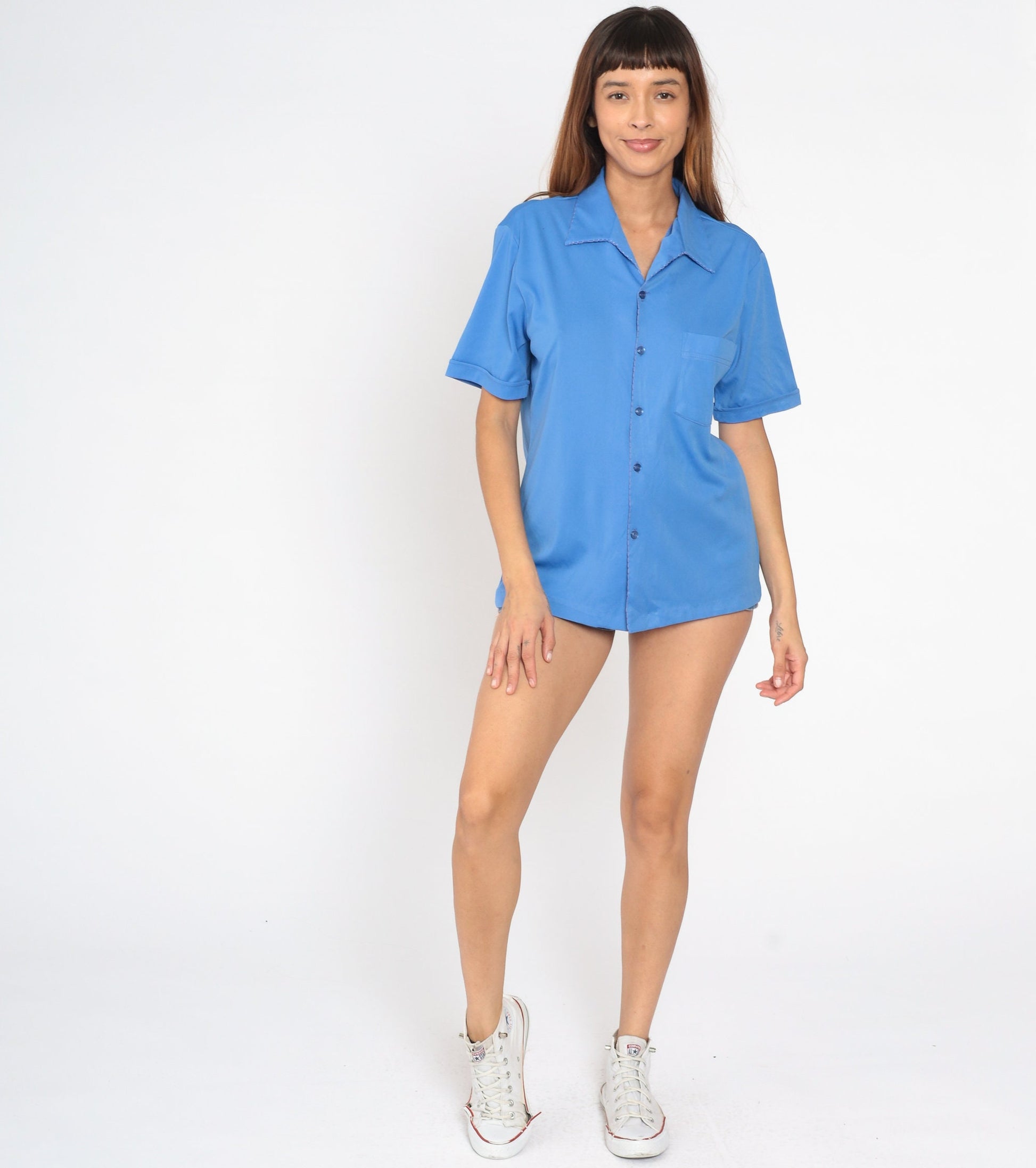 70s Blue Button-Up Shirt Pointed Collar Chest Pocket Short Sleeve Medium Large