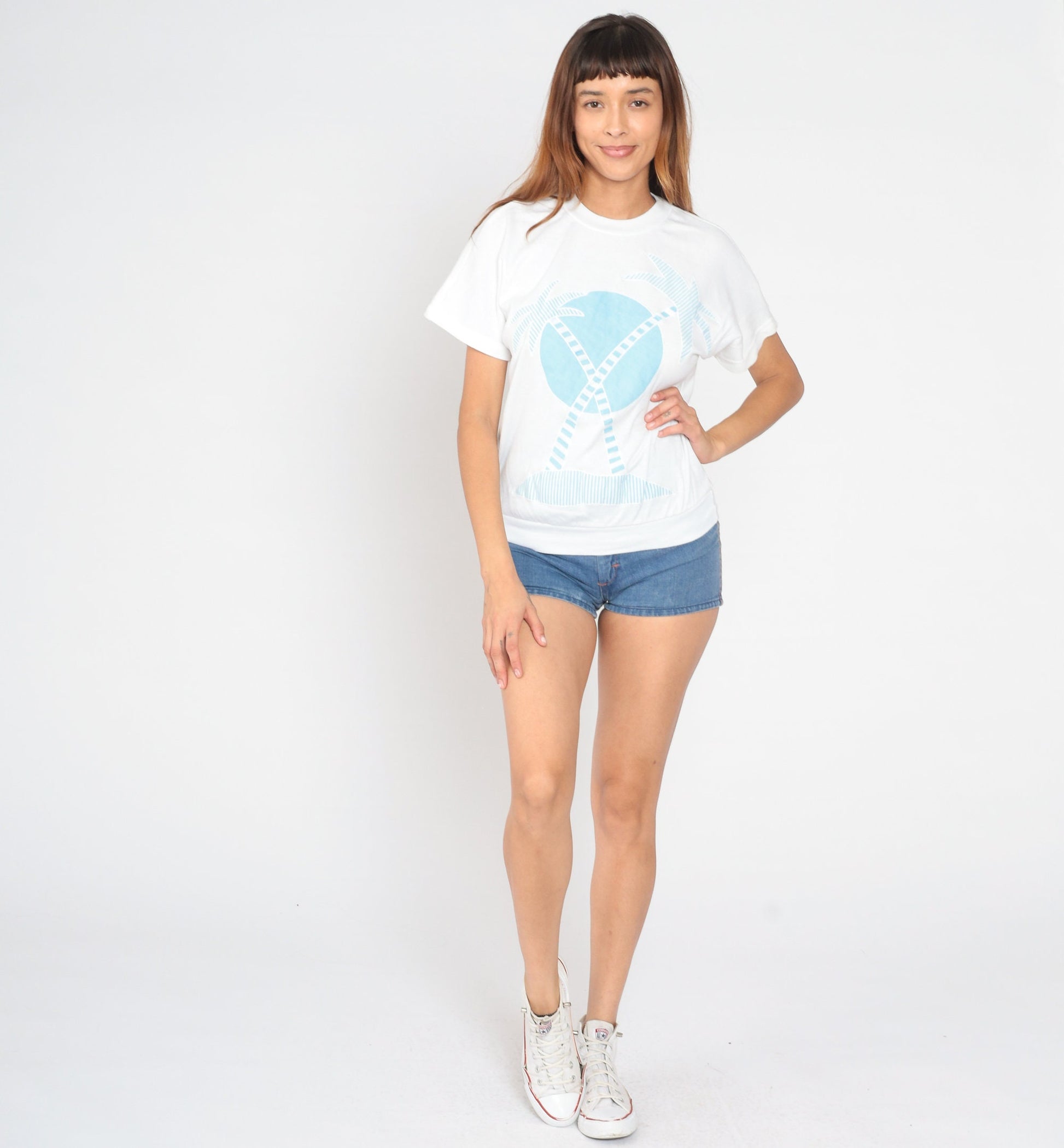 80s White Stag Palm Tree Graphic T-Shirt Blue Sun Banded Hem Medium