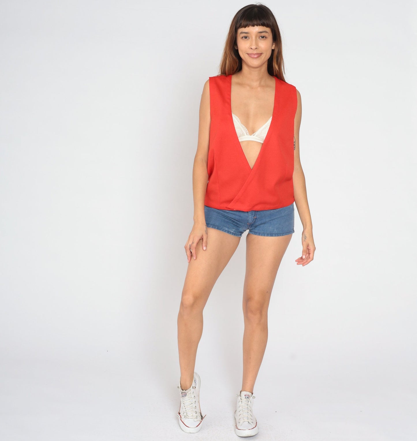 70s Red Wrap Vest Plunge Neckline Sleeveless Top Medium