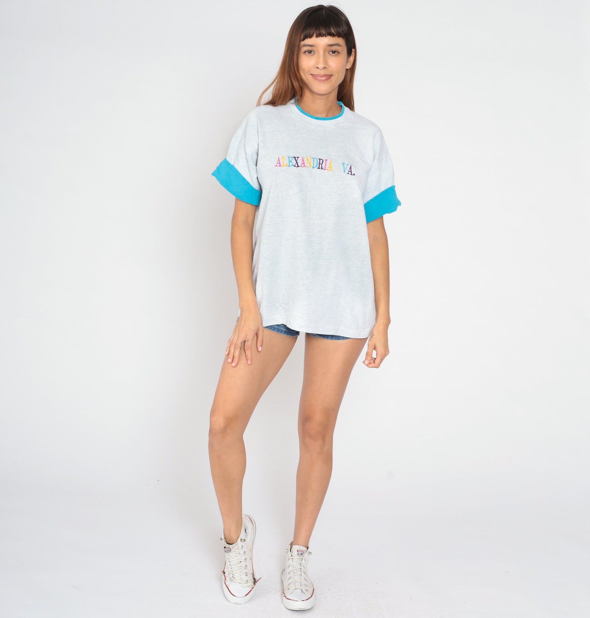 90s Alexandria Virginia Ringer Tee Embroidered Graphic Heather Grey Extra Large