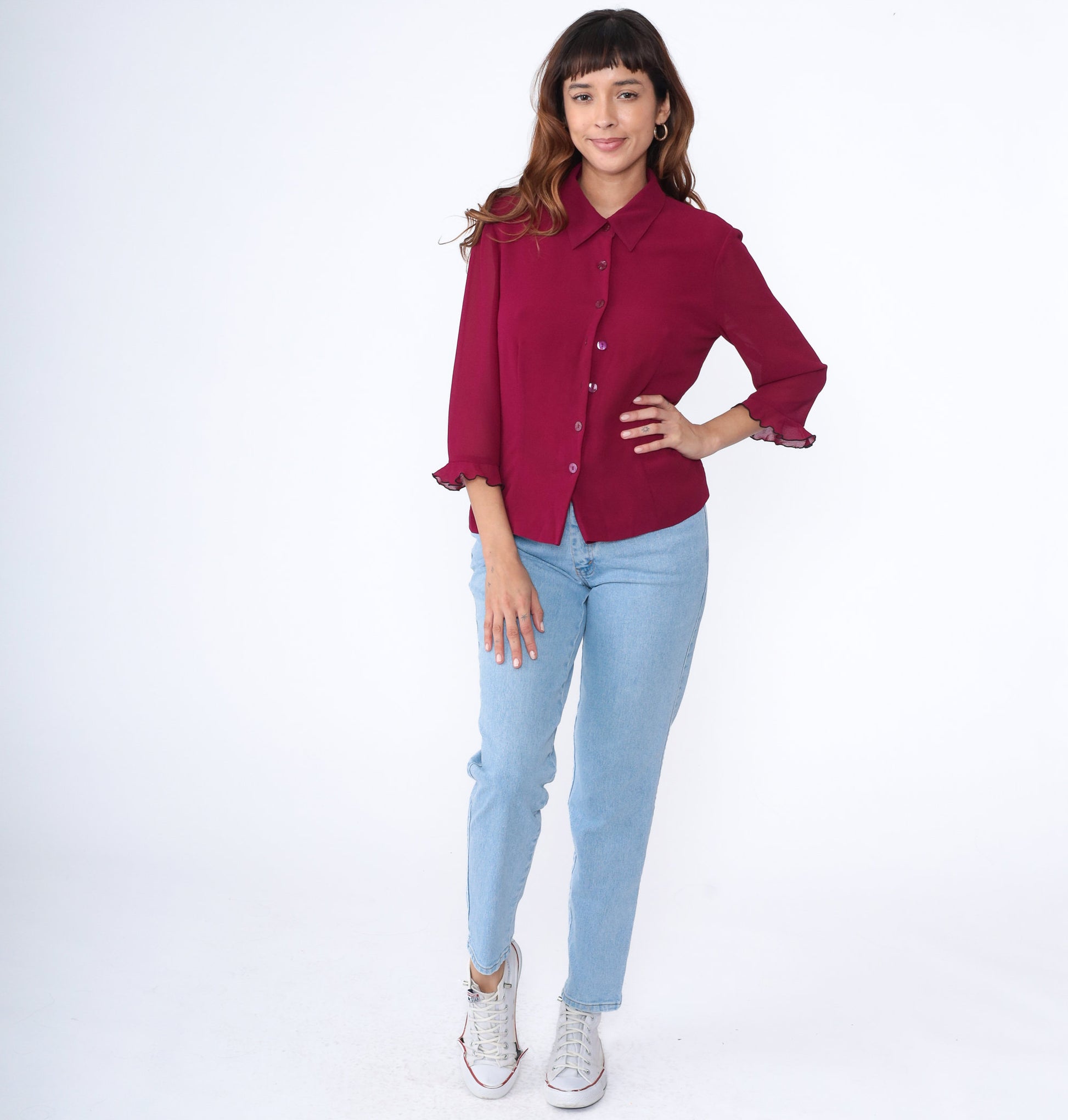 Y2K Raspberry Ruffle Blouse Sheer 3/4 Sleeve Button Up Collared Top Medium