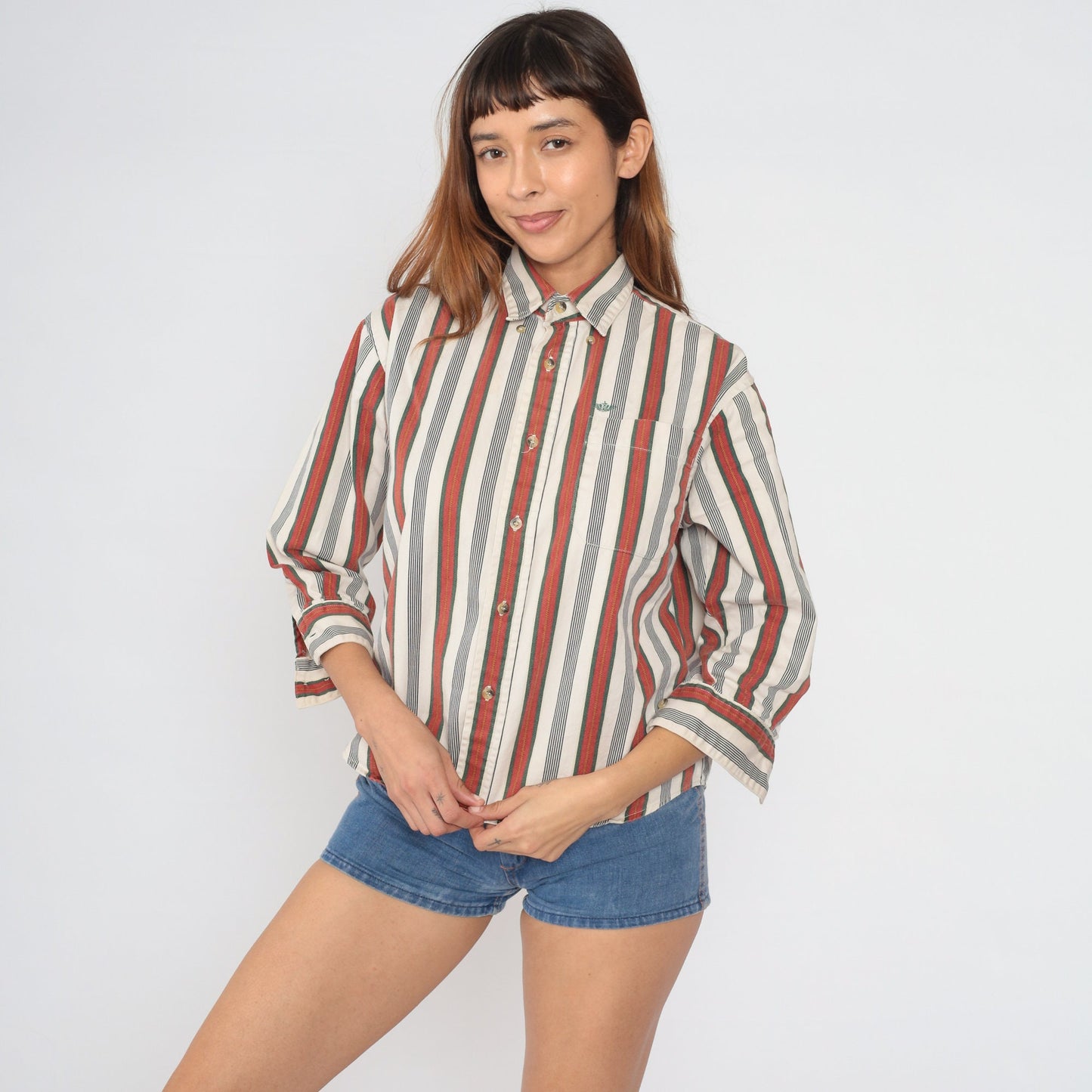 90s Dockers Striped Button-Up Shirt White Red Navy Green 3/4 Sleeve Medium