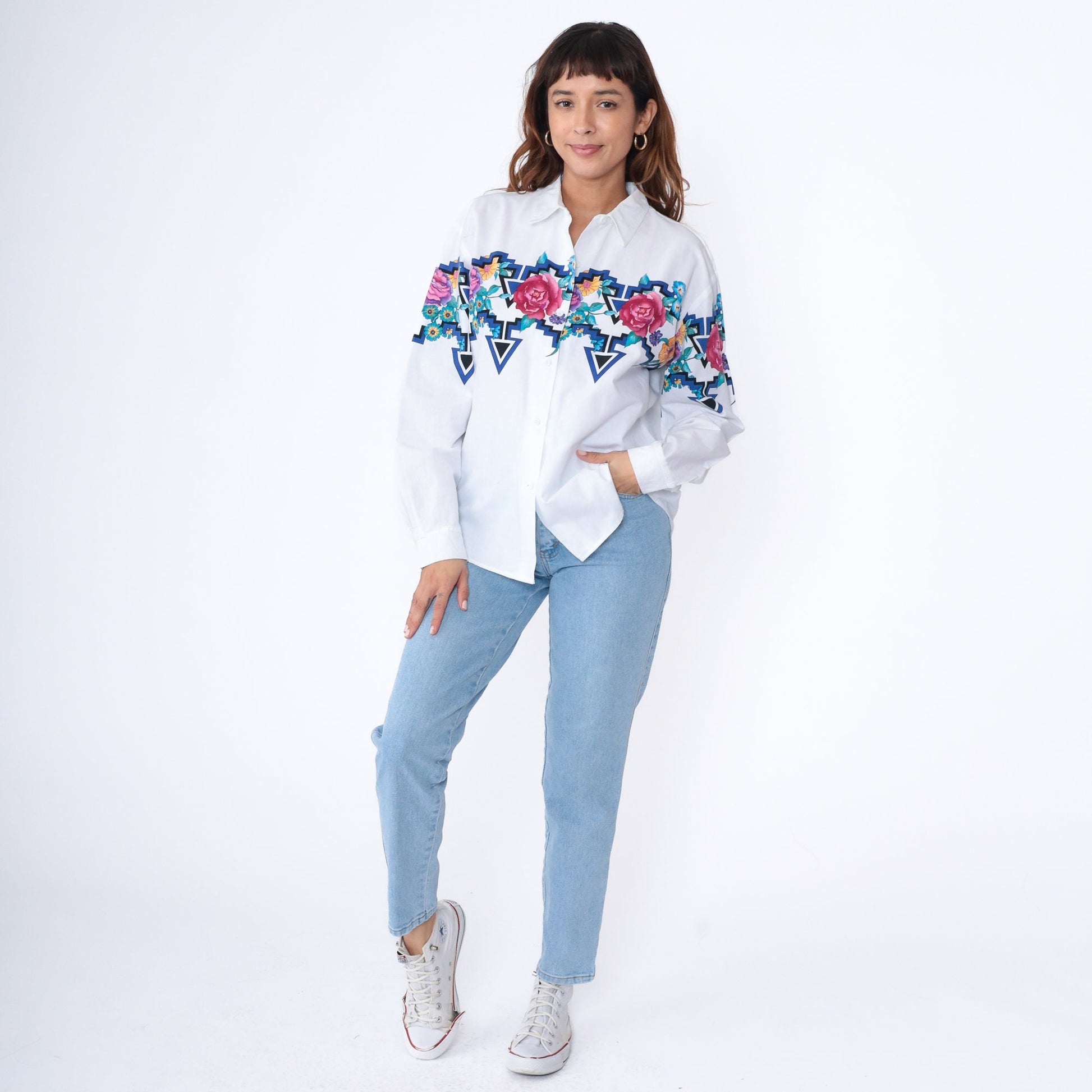 90s Roper Floral Western Shirt White Cotton Button Up Large