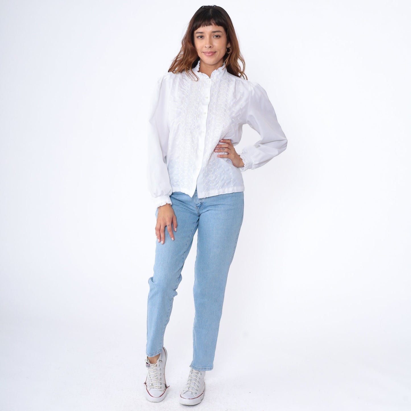 80s White Eyelet Blouse Embroidered Puff Sleeve Button Up Medium