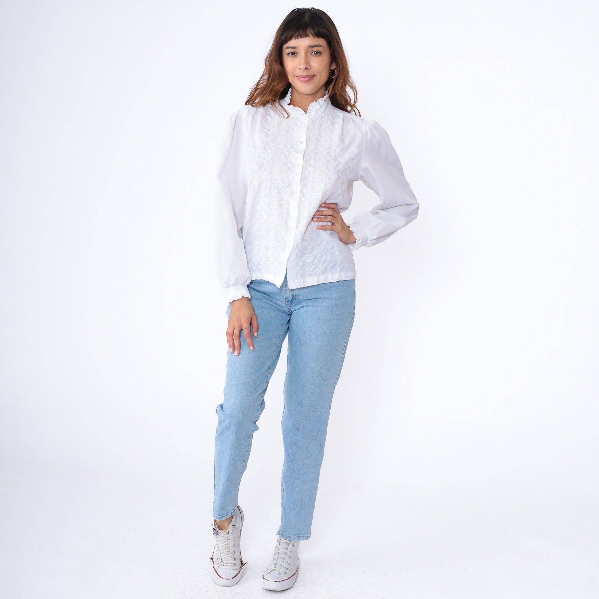 80s White Eyelet Blouse Embroidered Puff Sleeve Button Up Medium