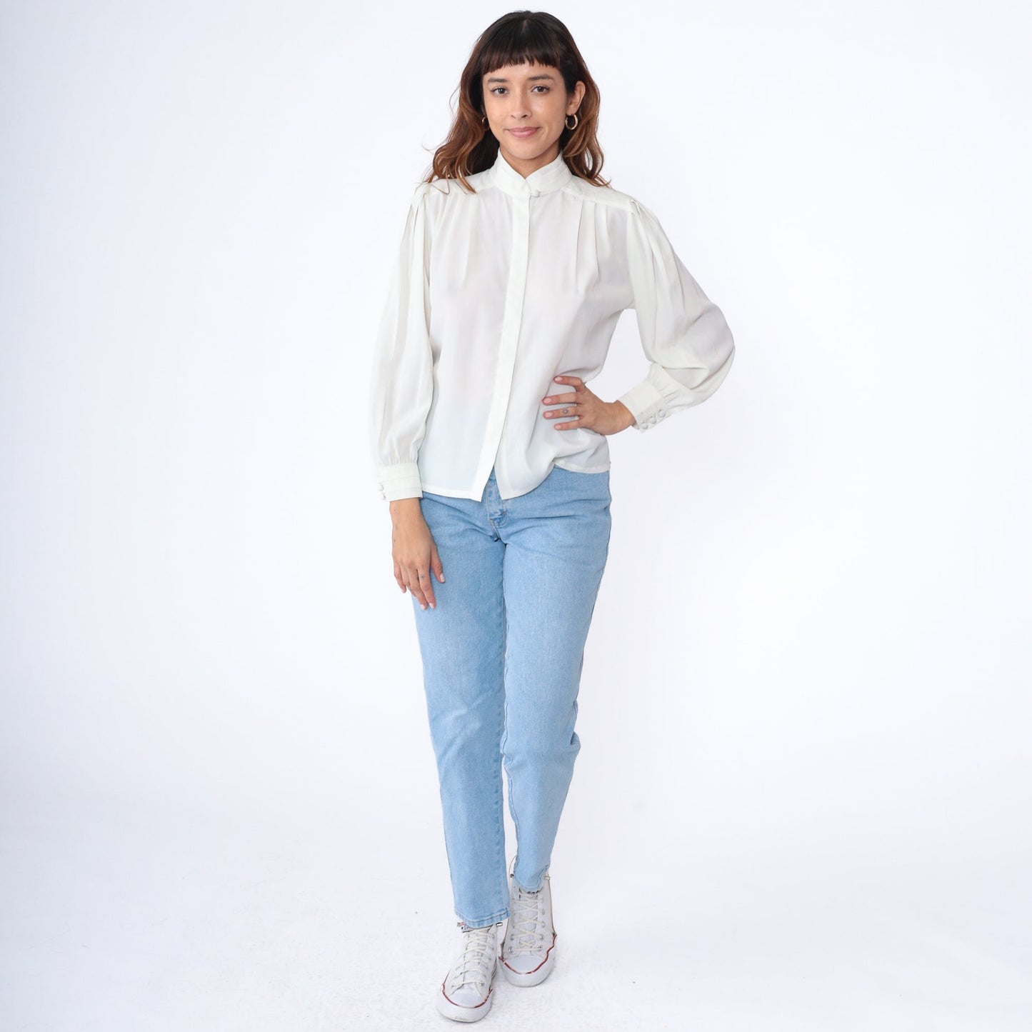 80s White Puff Sleeve Blouse Pleated Mandarin Collar Hidden Button Semi-Sheer Medium