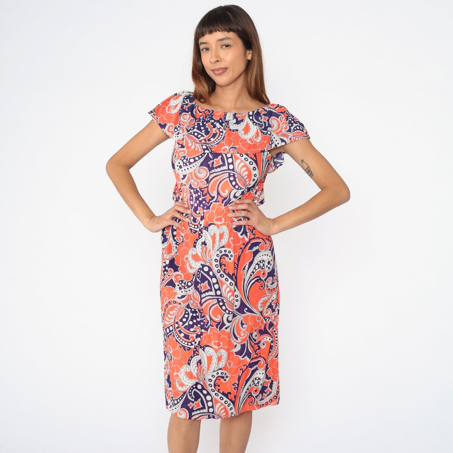 70s Psychedelic Paisley Midi Dress Off-Shoulder High Waist Purple Orange Small