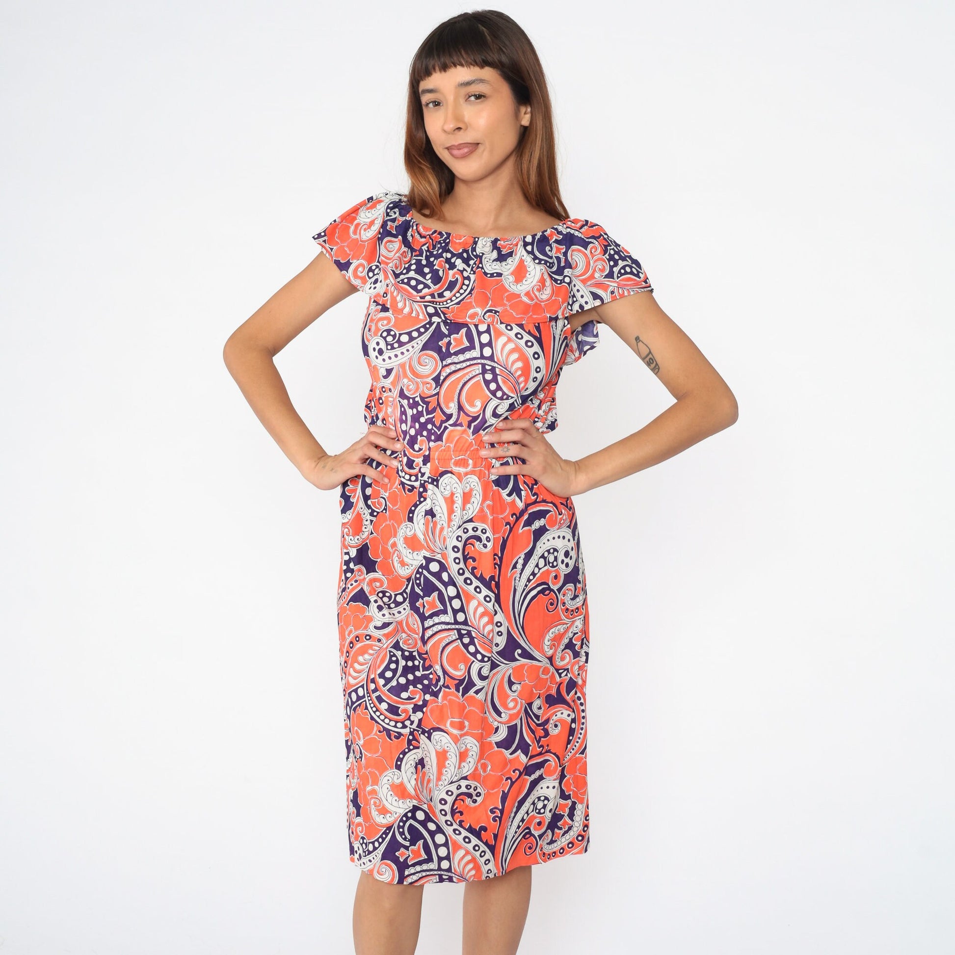 70s Psychedelic Paisley Midi Dress Off-Shoulder High Waist Purple Orange Small