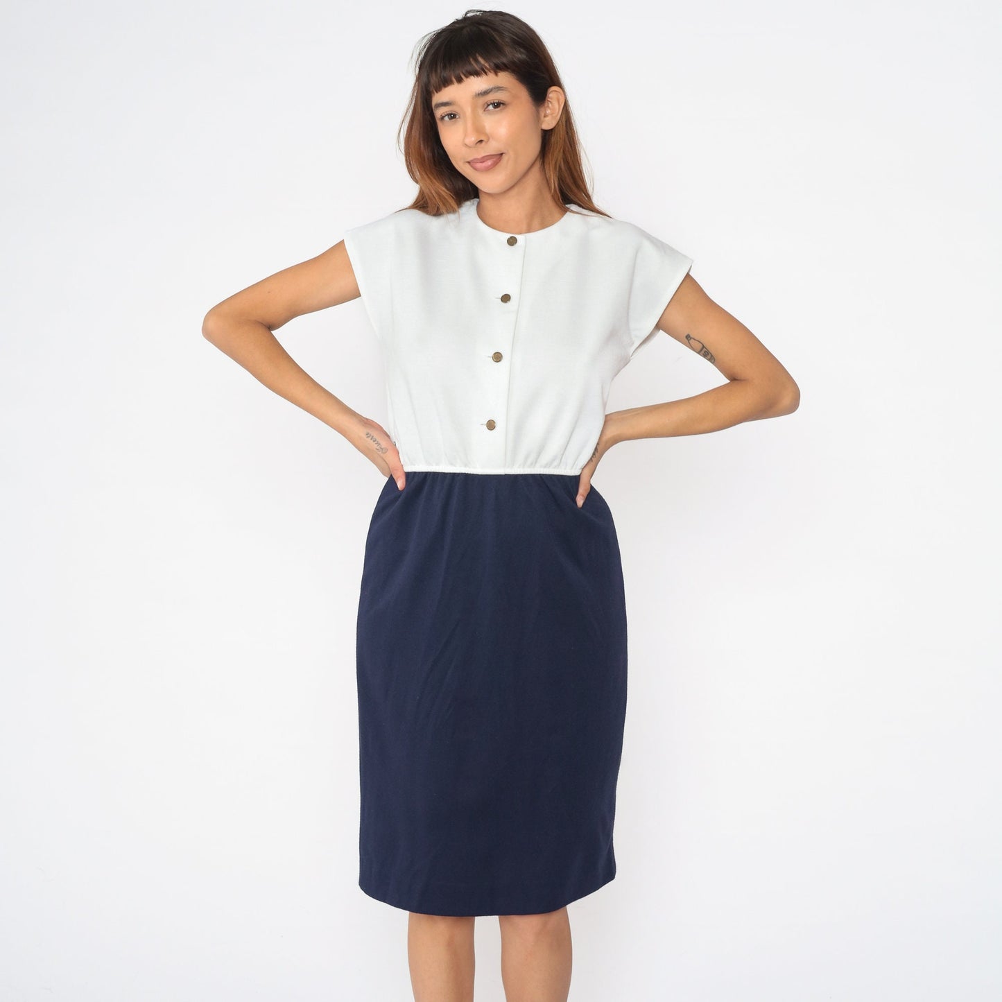 80s Leslie Fay Navy White Button-Up Midi Dress Cap Sleeve Small