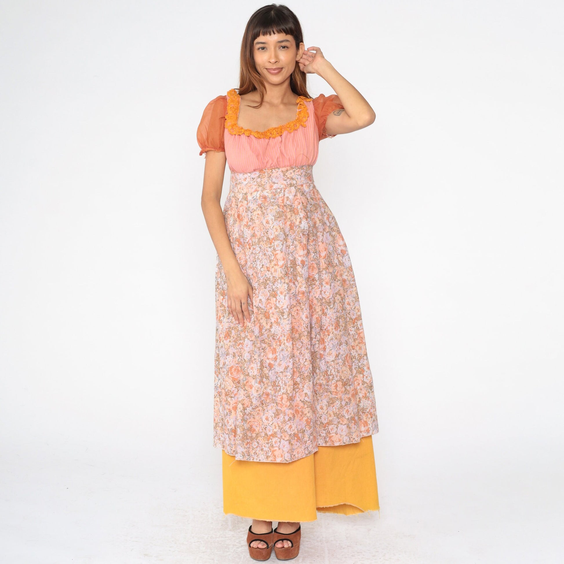 1970s Floral Maxi Dress Puff Sleeve Empire Waist Pink Orange Striped Small