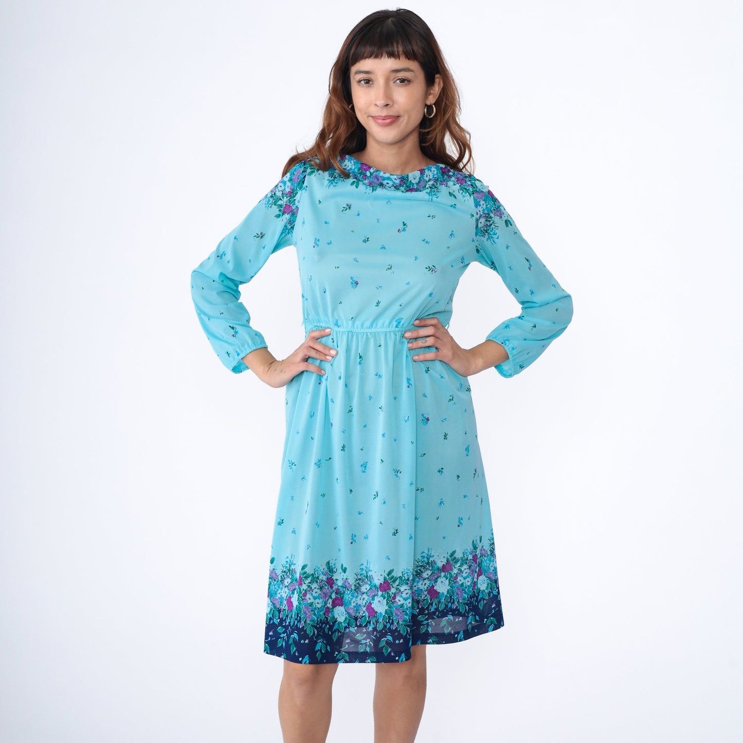 70s Blue Floral Midi Dress Cowl Neck High Waist Long Sleeve Small