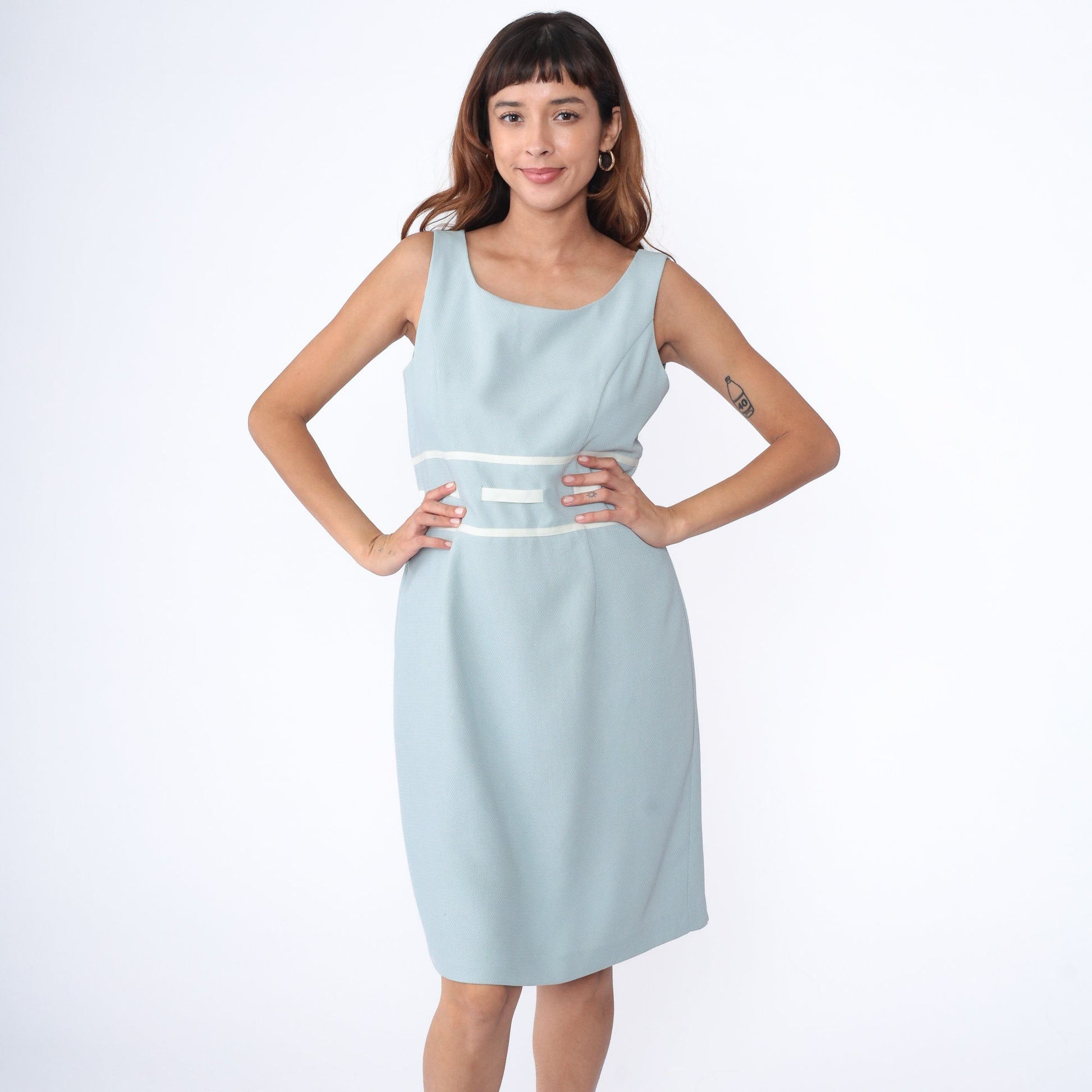 00s Ice Blue Sheath Dress Sleeveless Knee-Length Ribbon Trim Large 12