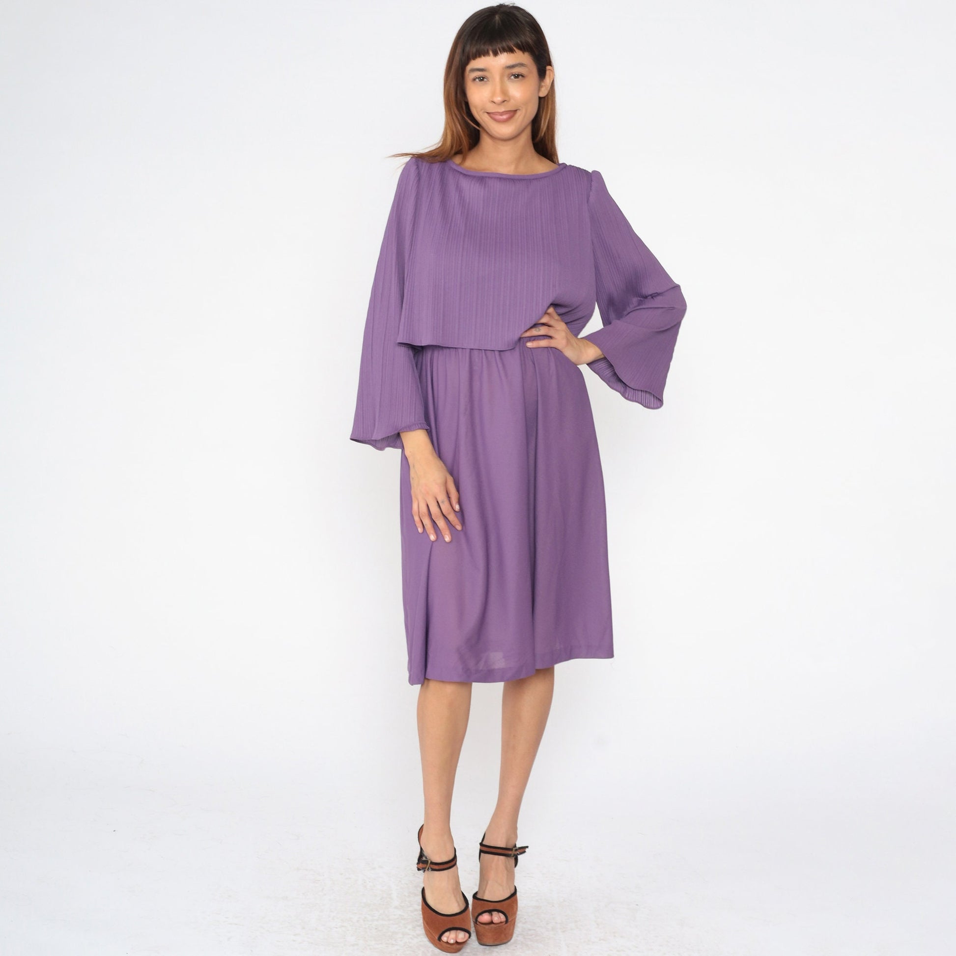70s Purple Midi Dress Knife Pleated High Waist Bell Sleeve Small Medium