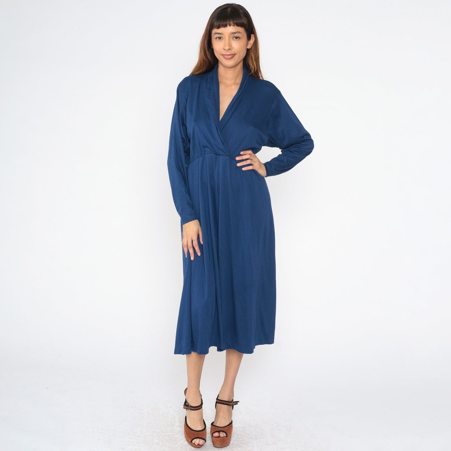 70s Dark Blue Wrap Midi Dress High Waist Surplice Long Sleeve Large 12