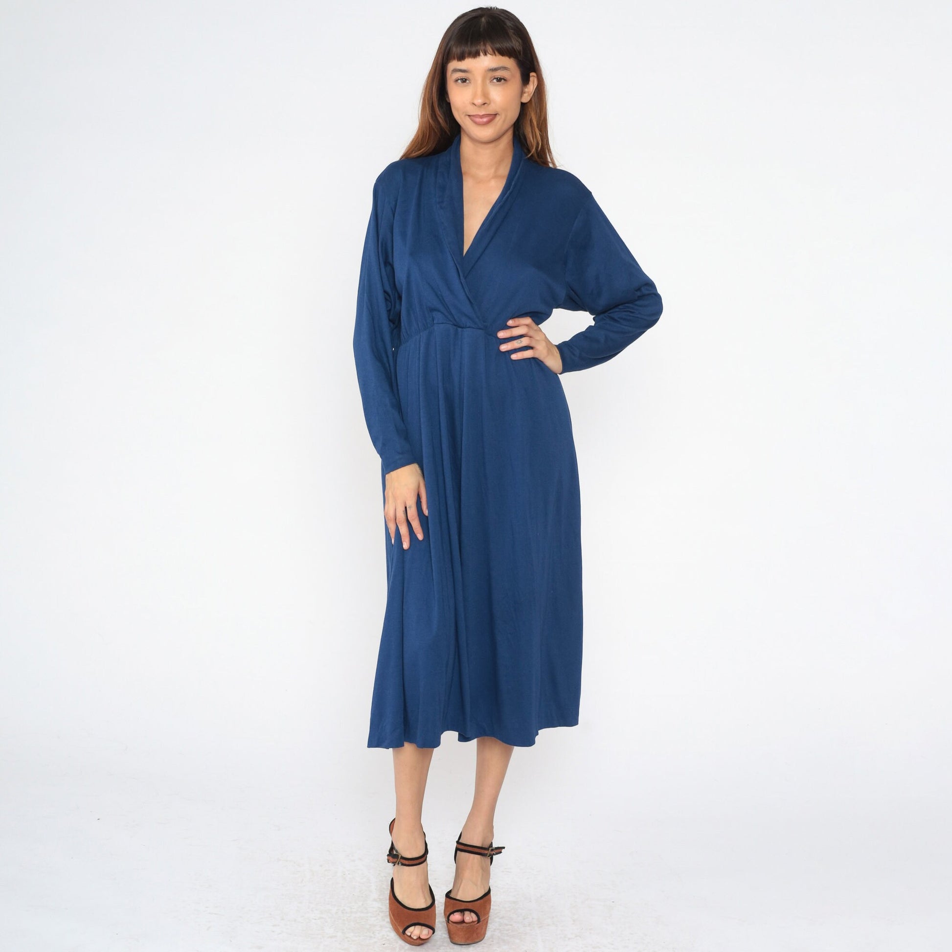 70s Dark Blue Wrap Midi Dress High Waist Surplice Long Sleeve Large 12