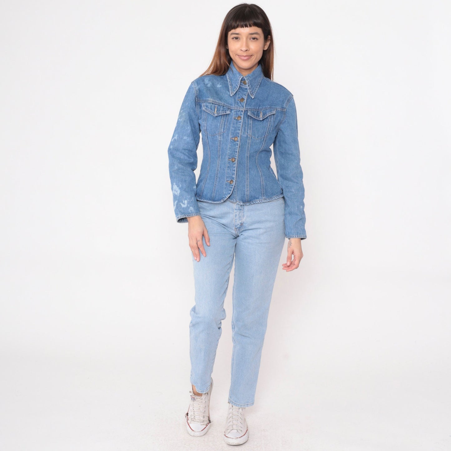 90s Baccini Bleach Splatter Denim Jacket Fitted Blue Stone Wash Small