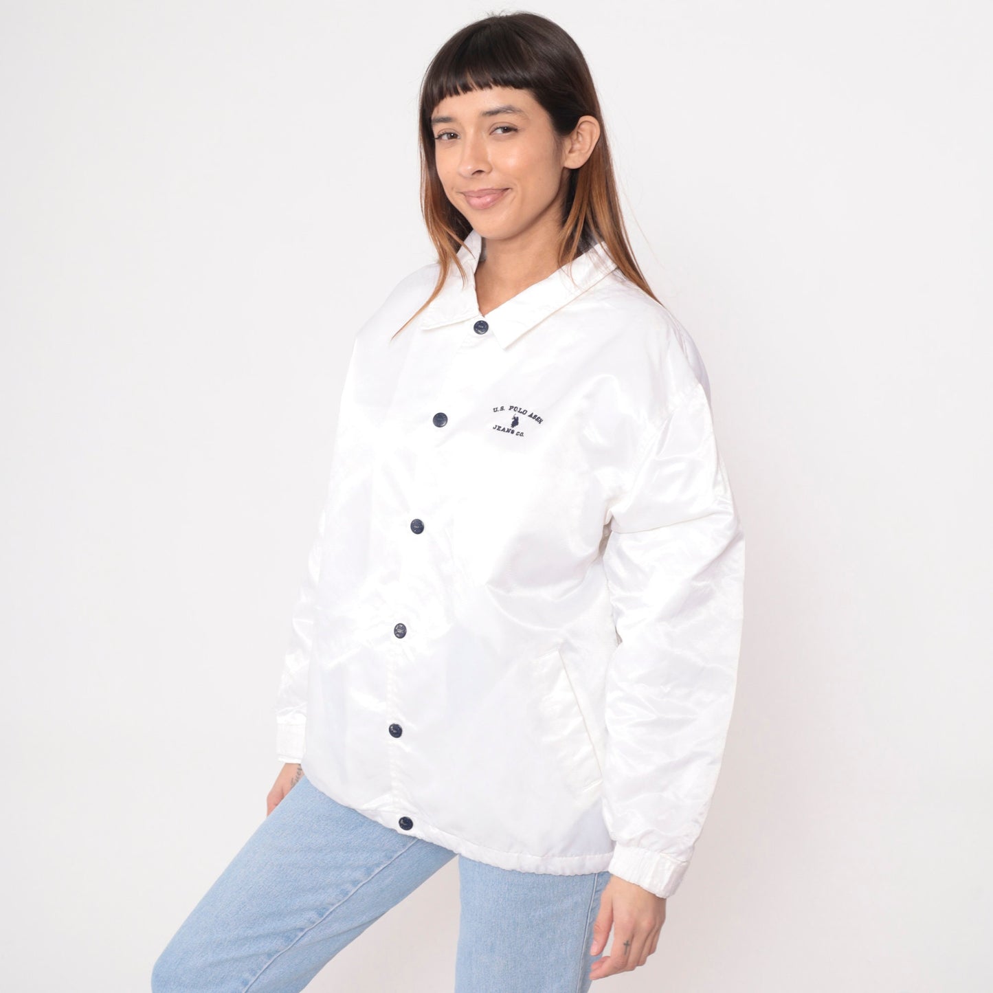 90s U.S. Polo Assn. White Nylon Windbreaker Snap Jacket Extra Large