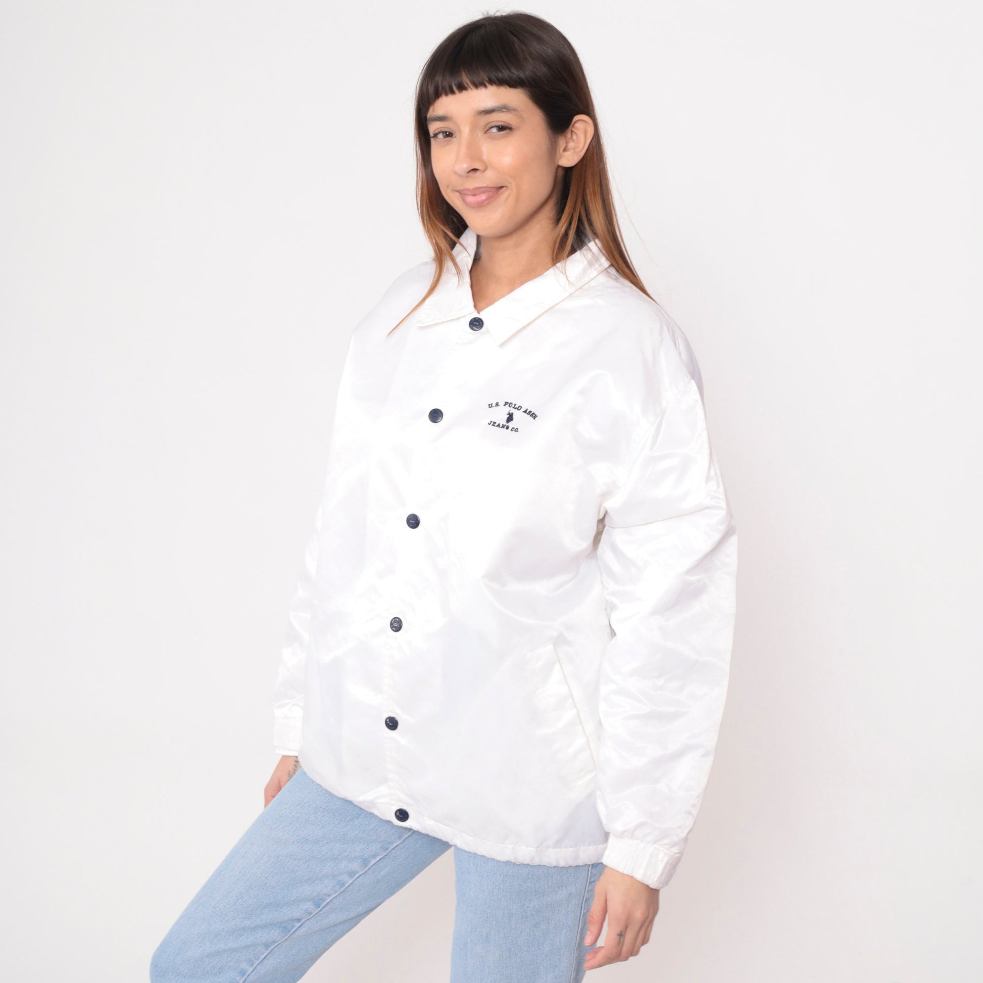 90s U.S. Polo Assn. White Nylon Windbreaker Snap Jacket Extra Large