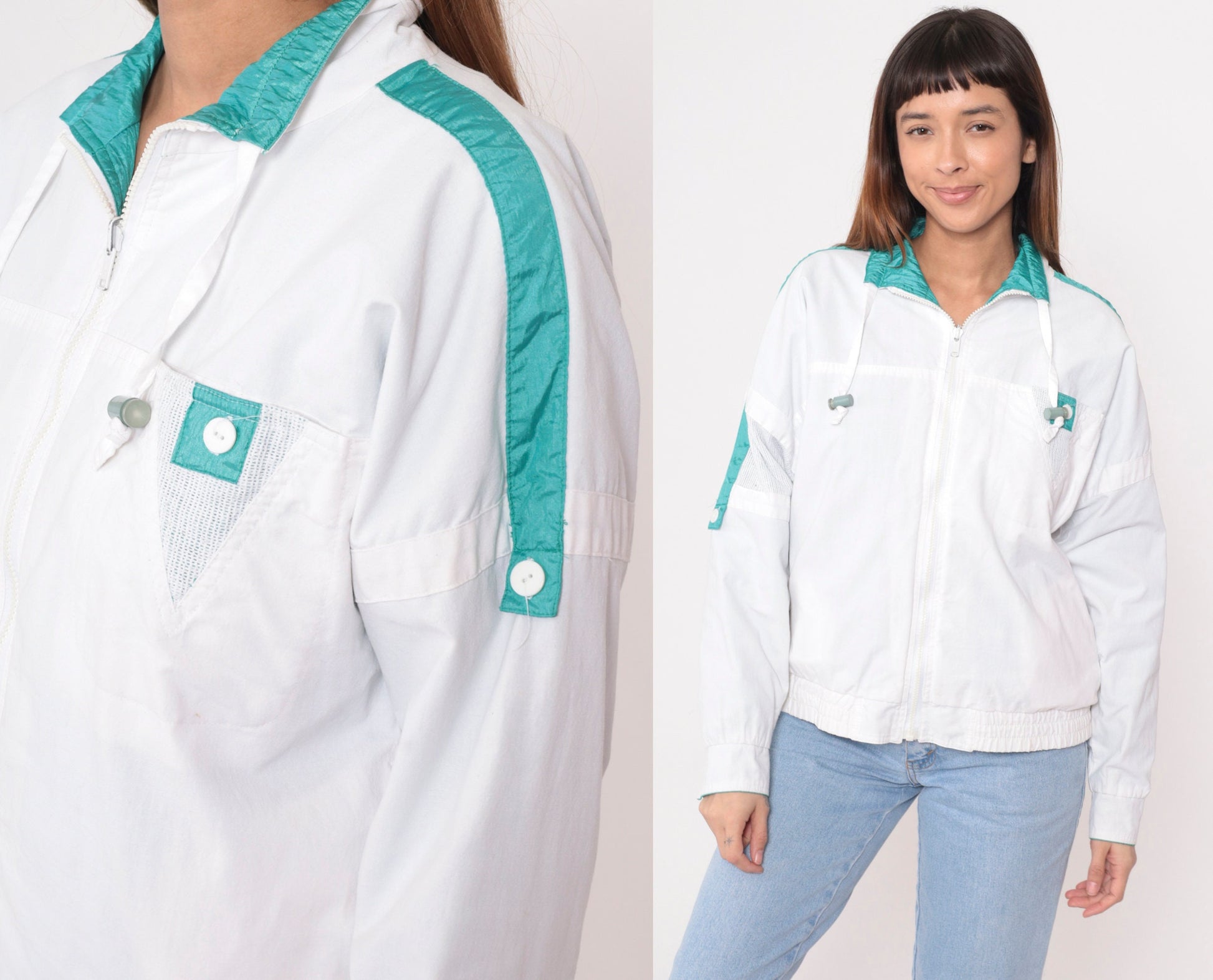 90s Reversible Windbreaker White Turquoise Mesh Trim Jacket Medium