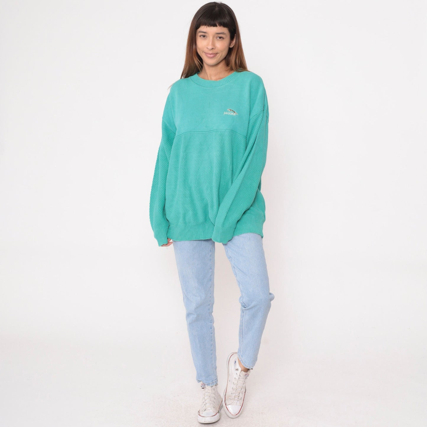 90s Andrew Rohan Jaguar Cotton Knit Sweater Aqua Green Extra Large XL