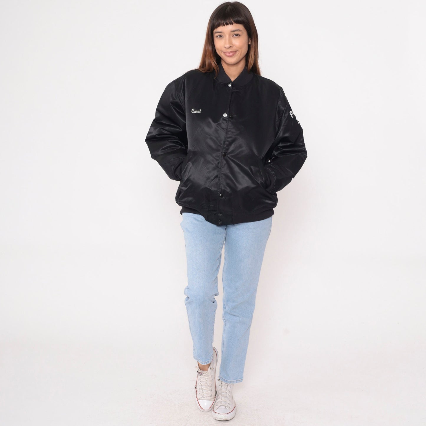90s AMVETS Bomber Jacket Black Nylon Satin Snap Buffalo NY Large
