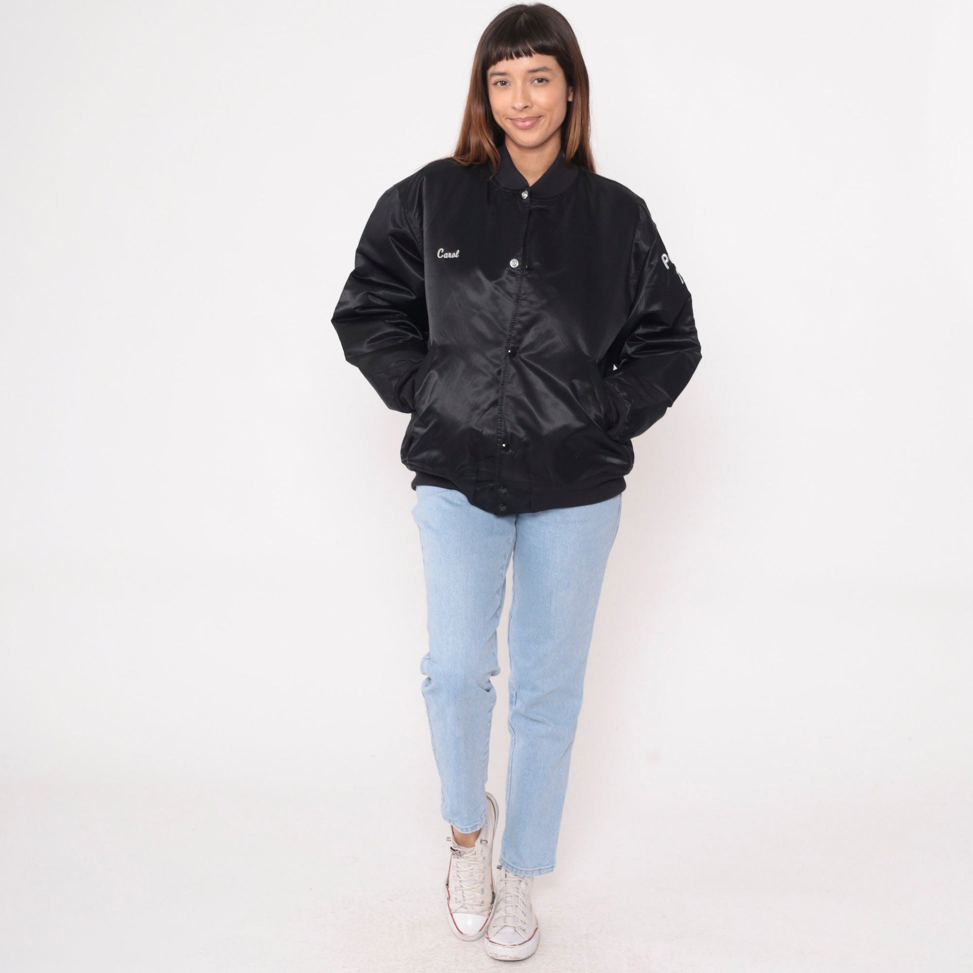 90s AMVETS Bomber Jacket Black Nylon Satin Snap Buffalo NY Large