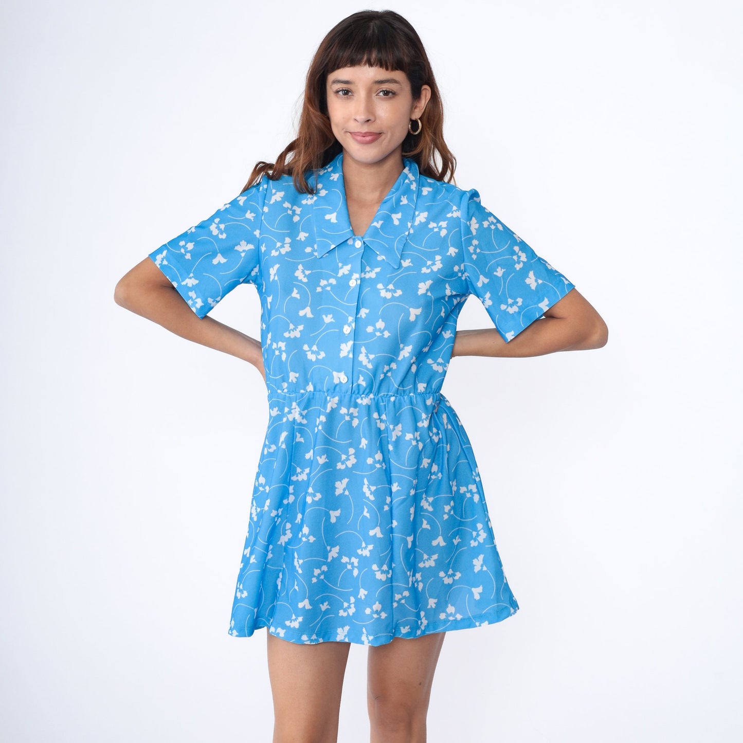 80s Blue Floral Mini Dress Chelsea Collar Button-Up Shirtdress Medium