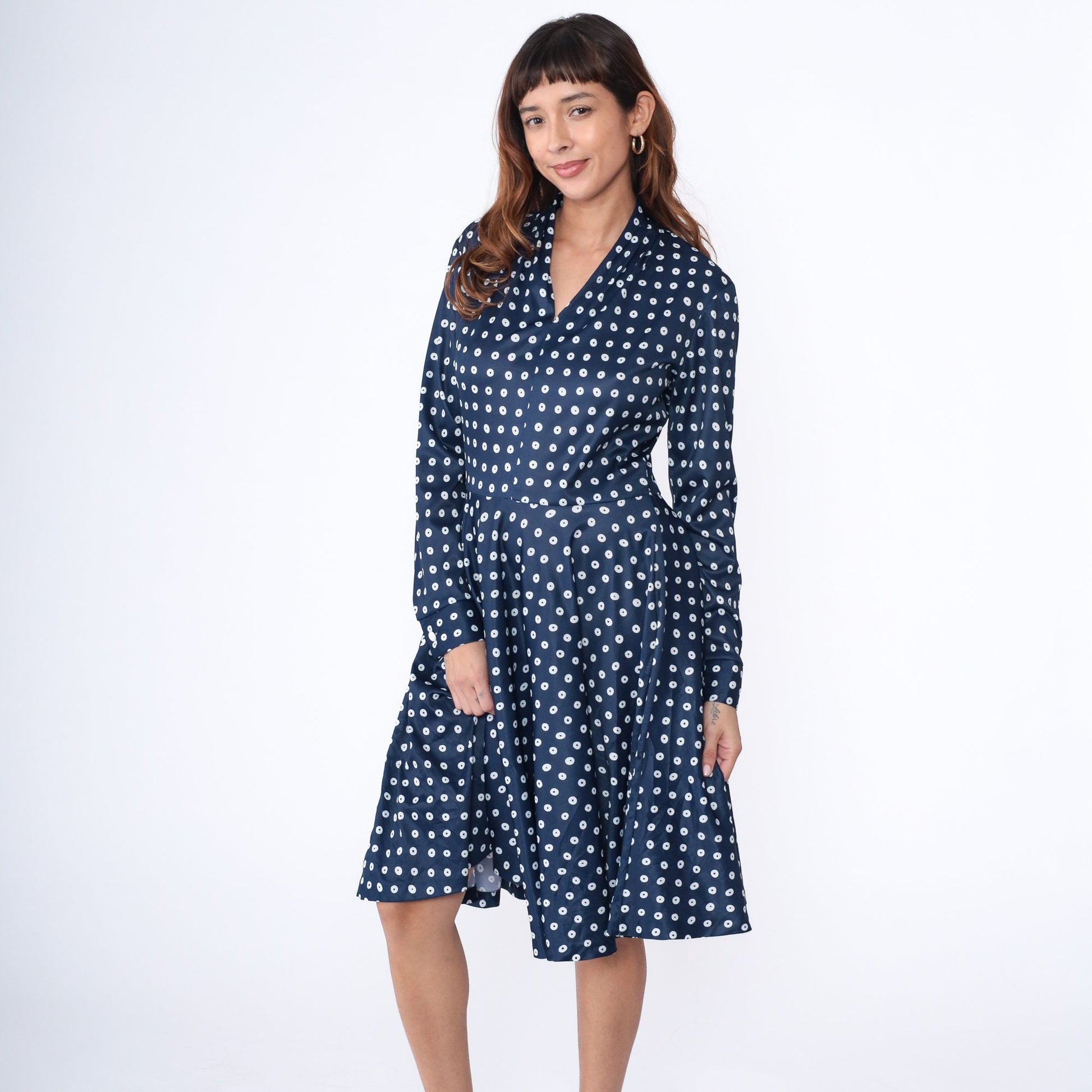 70s Navy Polka Dot Midi Dress V-Neck High Waist Flared Long Sleeve Medium
