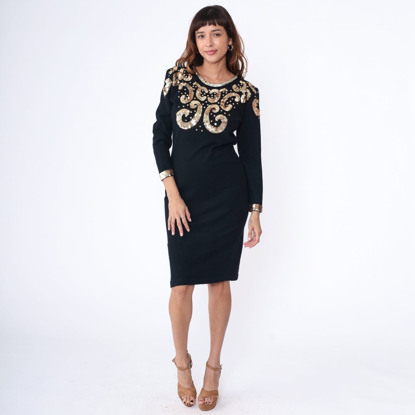 80s Black Gold Sequin Wool Angora Blend Sweater Dress Midi Long Sleeve Medium