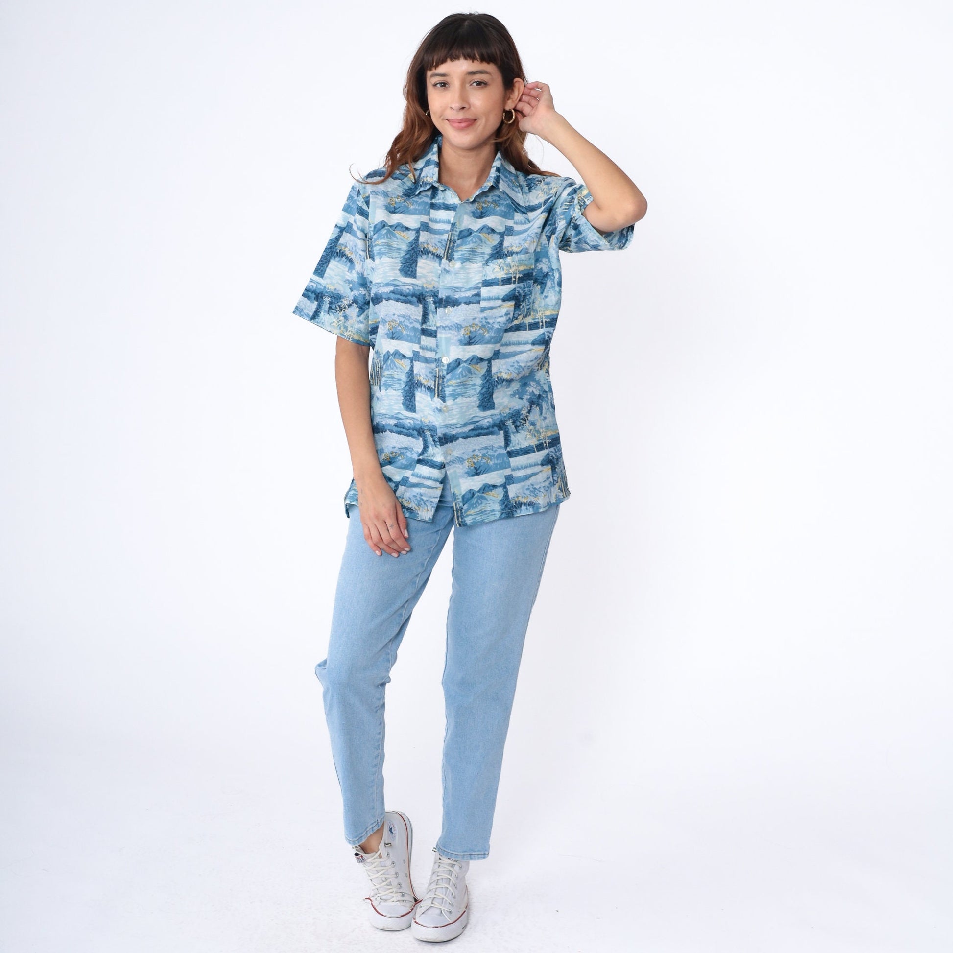 70s Nature Print Button-Up Shirt Trees Mountains Blue Short Sleeve Men's Medium