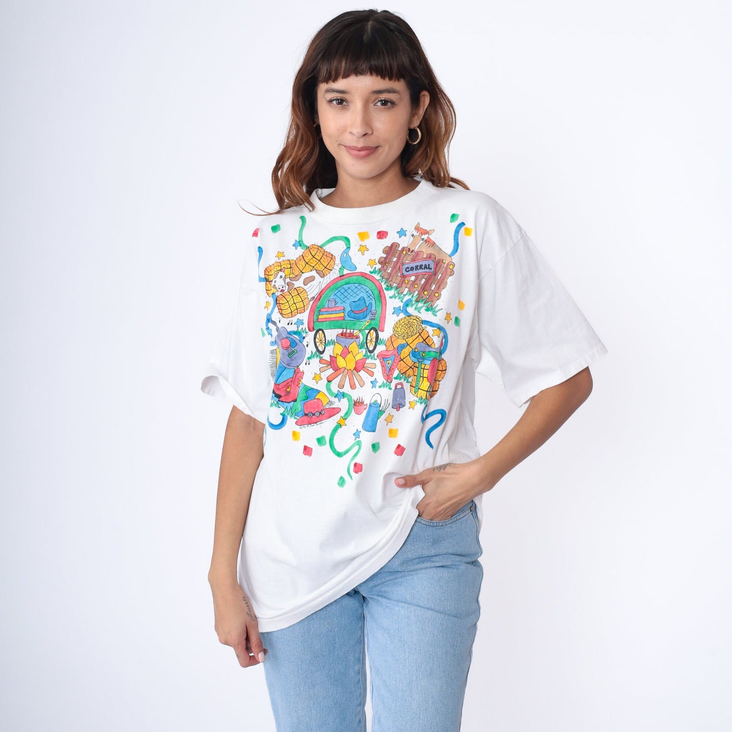 90s Western Hand Painted Graphic T-Shirt Cow Horse Campfire White Large