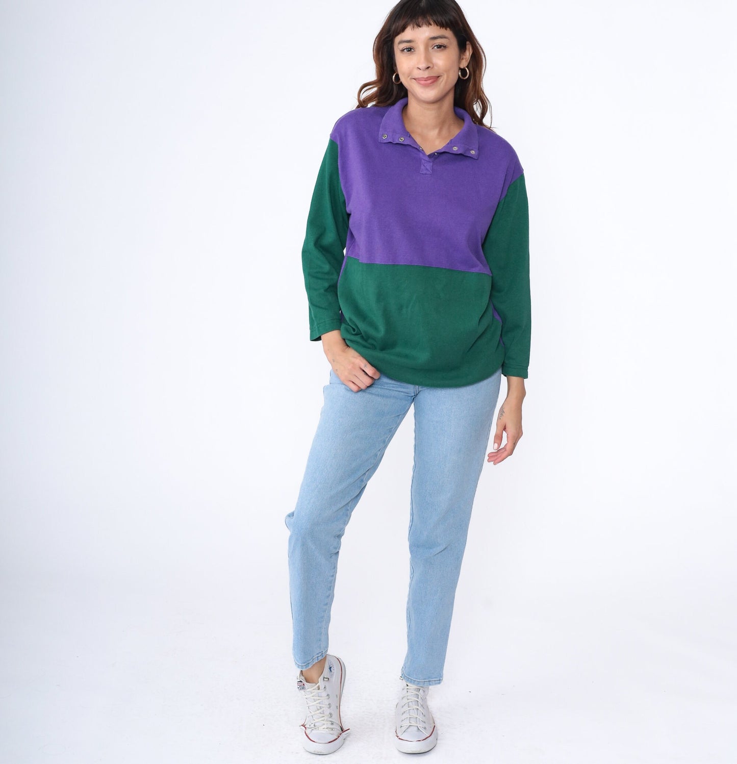 90s Color Block Henley Purple Green Snap Button Long Sleeve Shirt Medium