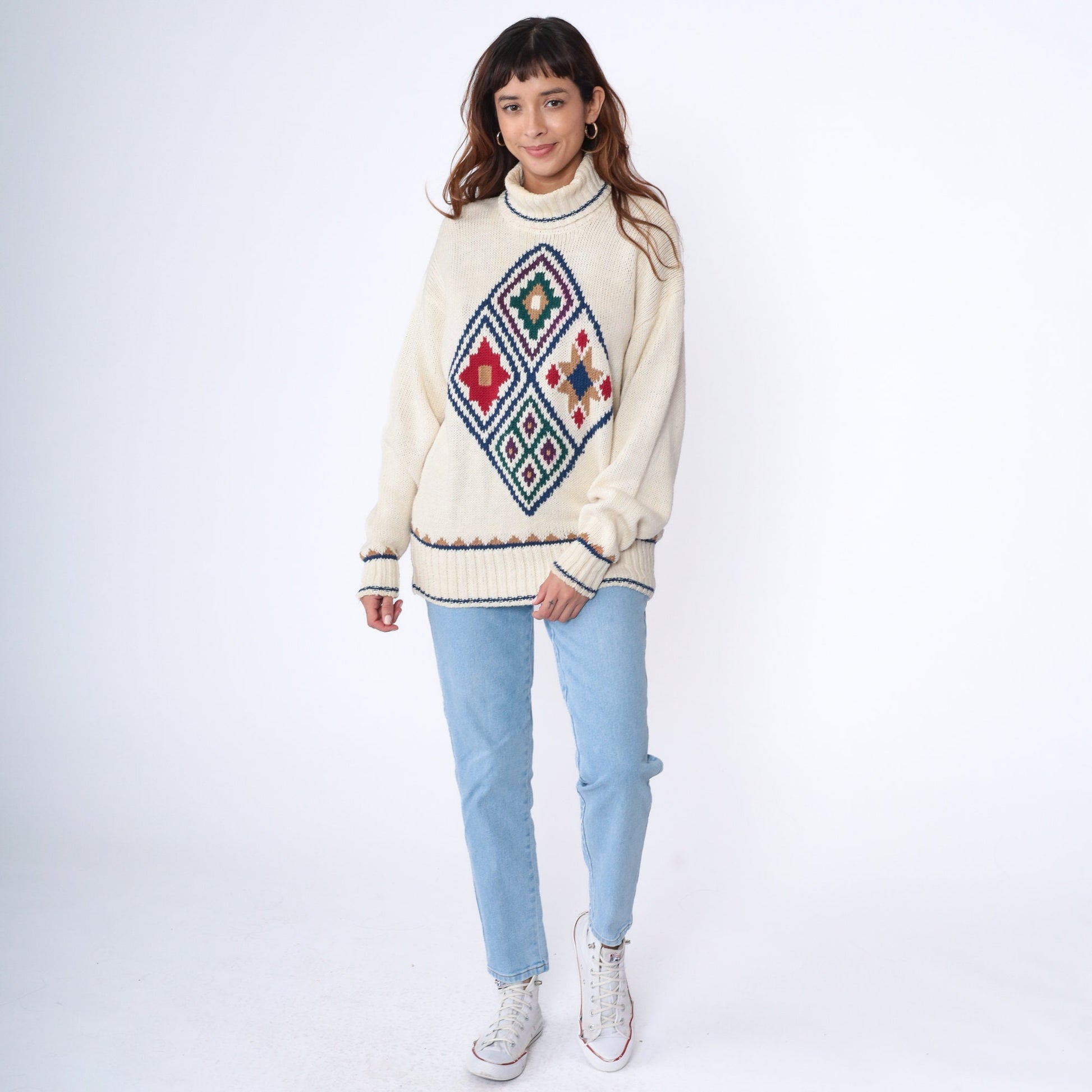 90s Liz Claiborne Geometric Turtleneck Sweater Off-White Jacquard Knit Medium