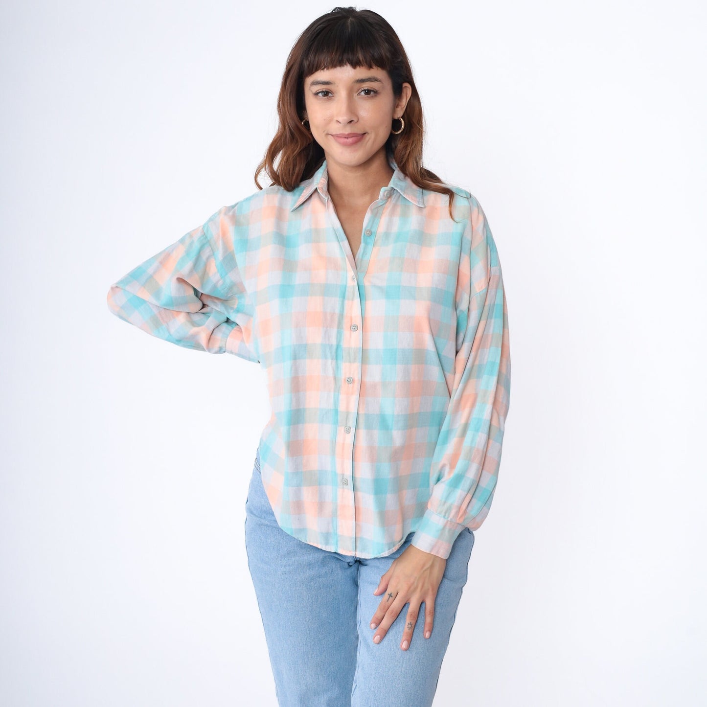 90s Buffalo Check Button Up Blouse Peach Aqua White Cotton Medium