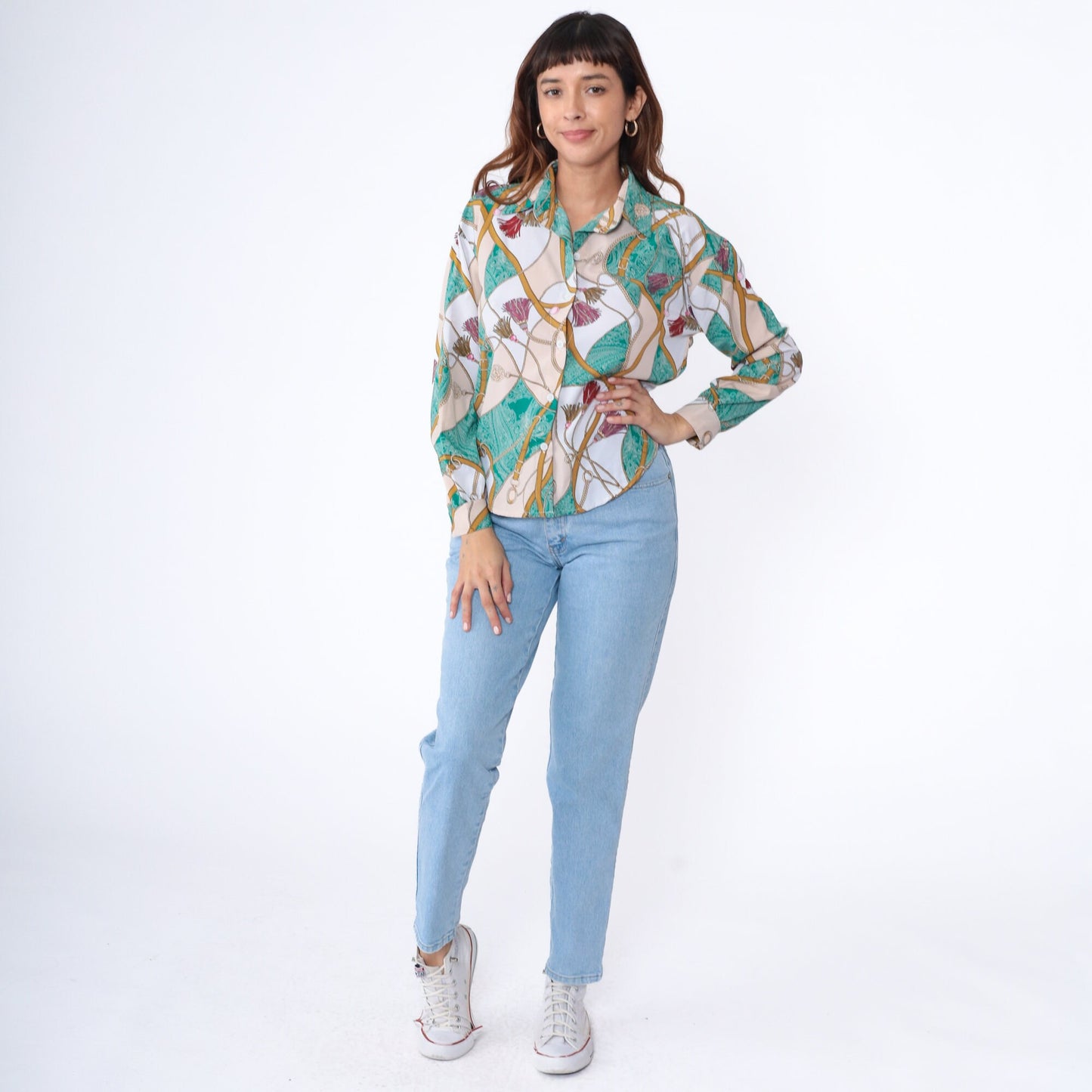 90s Equestrian Blouse Sea Green Paisley Horse Bridle Chain Print Button Up Medium