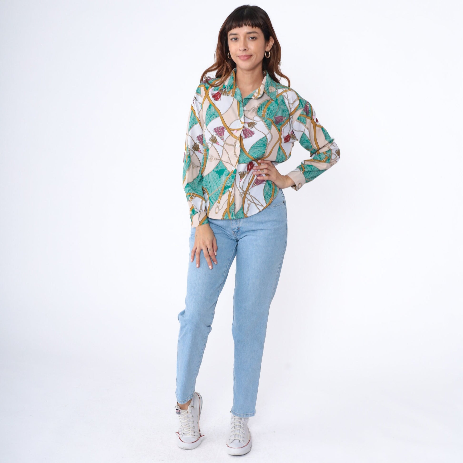 90s Equestrian Blouse Sea Green Paisley Horse Bridle Chain Print Button Up Medium
