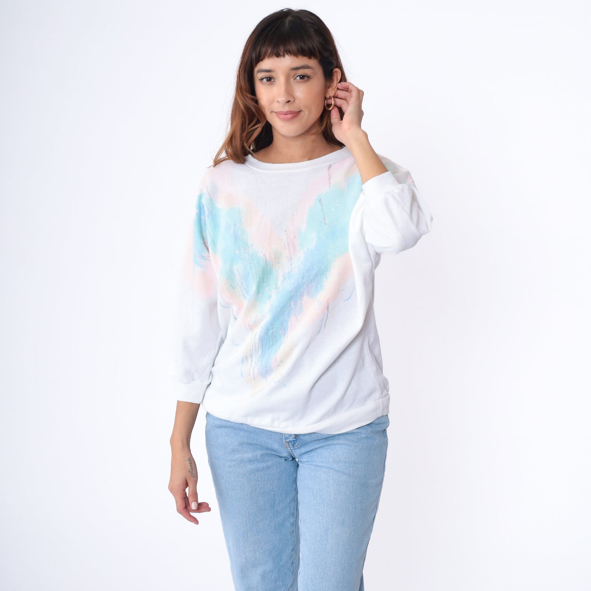 80s White Sweatshirt Pastel Chevron Glitter Paint Batwing Sleeve Medium