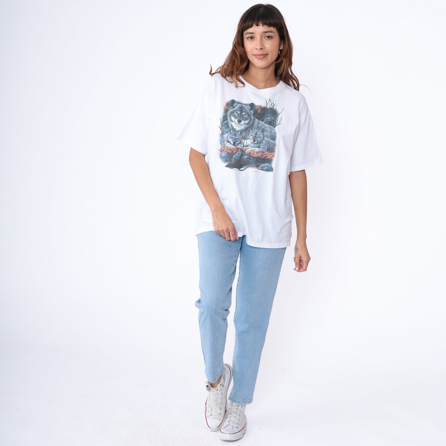 Y2K Wolf Pup Graphic T-Shirt White Cotton Wildlife Tee Large L