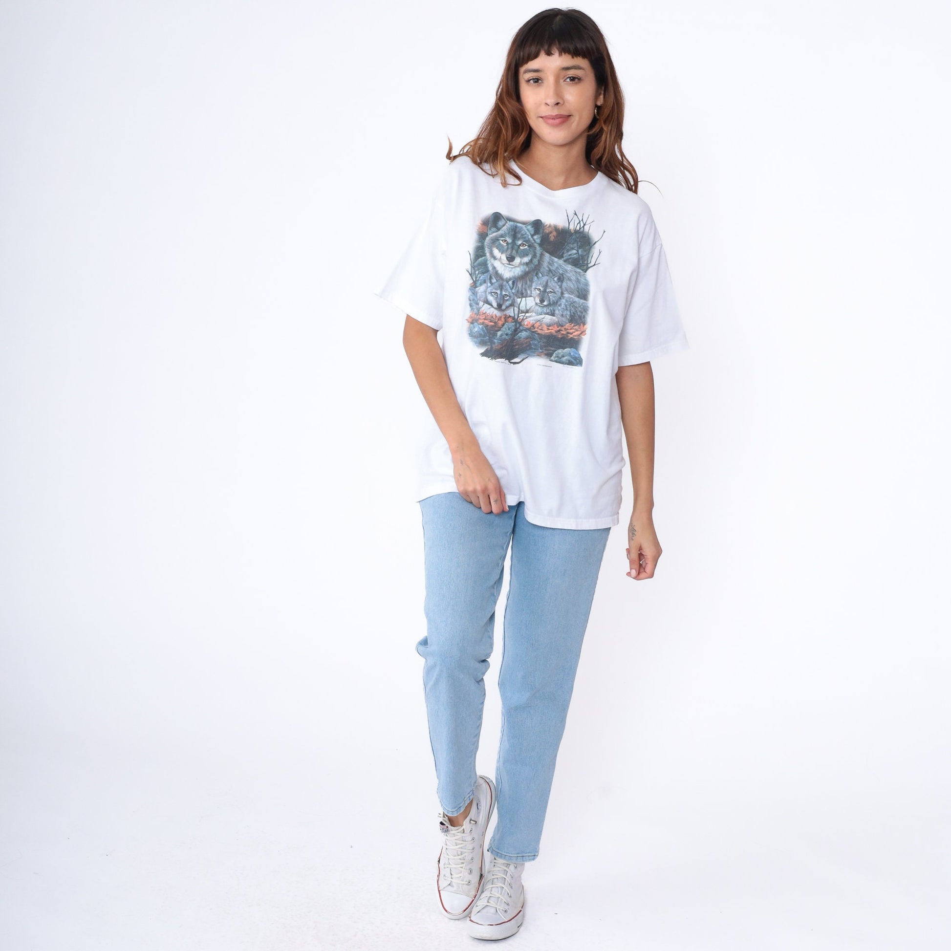 Y2K Wolf Pup Graphic T-Shirt White Cotton Wildlife Tee Large L