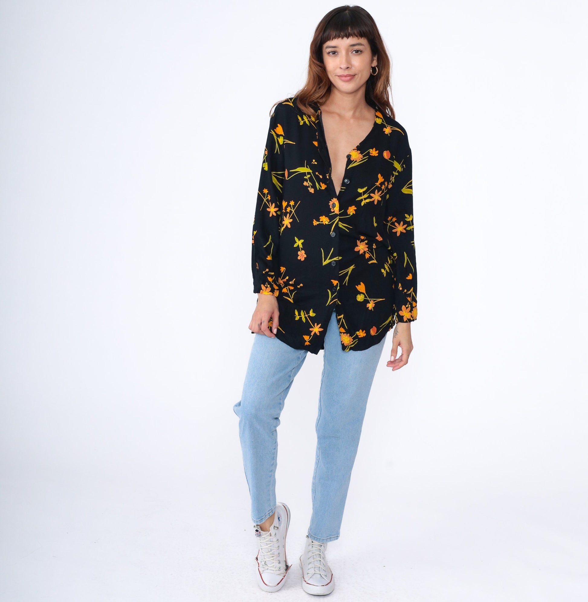 90s Floral Rayon Button Up Blouse Black Longline Collared Shirt Medium