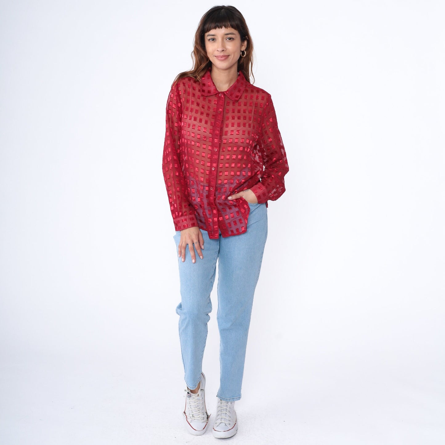 90s Red Metallic Grid Chiffon Button Up Blouse Long Sleeve Medium