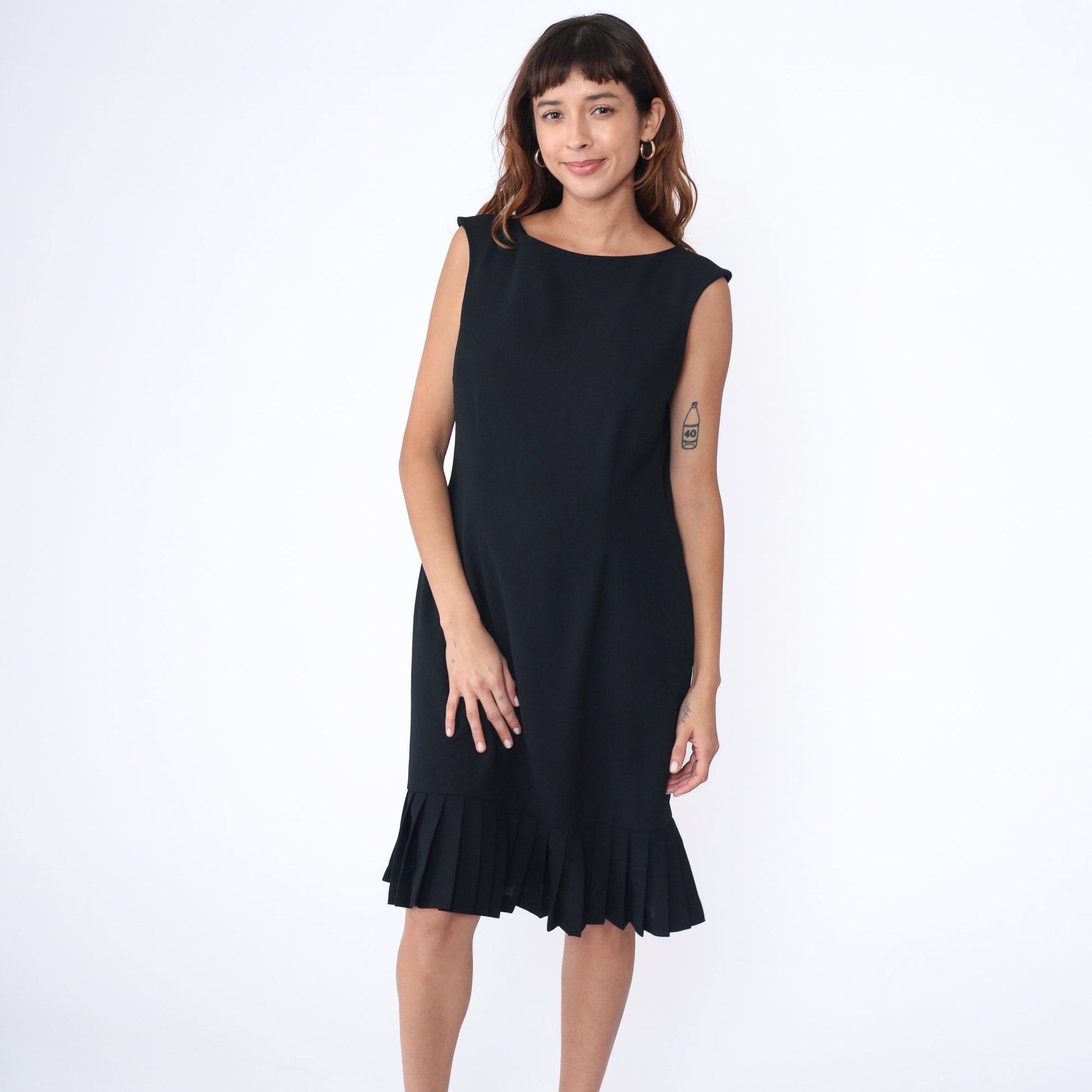 Y2K Black Sheath Dress Drop Waist Pleated Sleeveless Mini Large 12