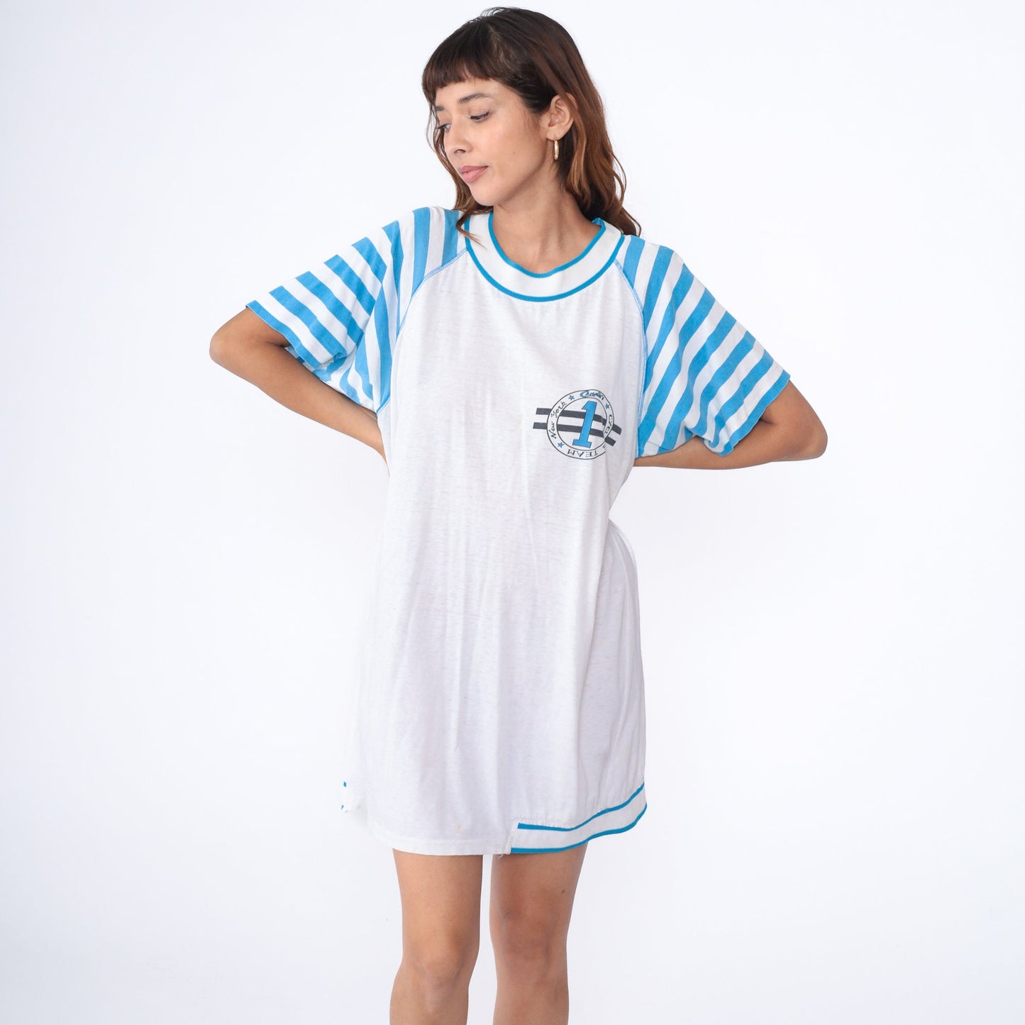 90s Candie's New York Cycling Team Pajama Dress Mini White Striped Raglan