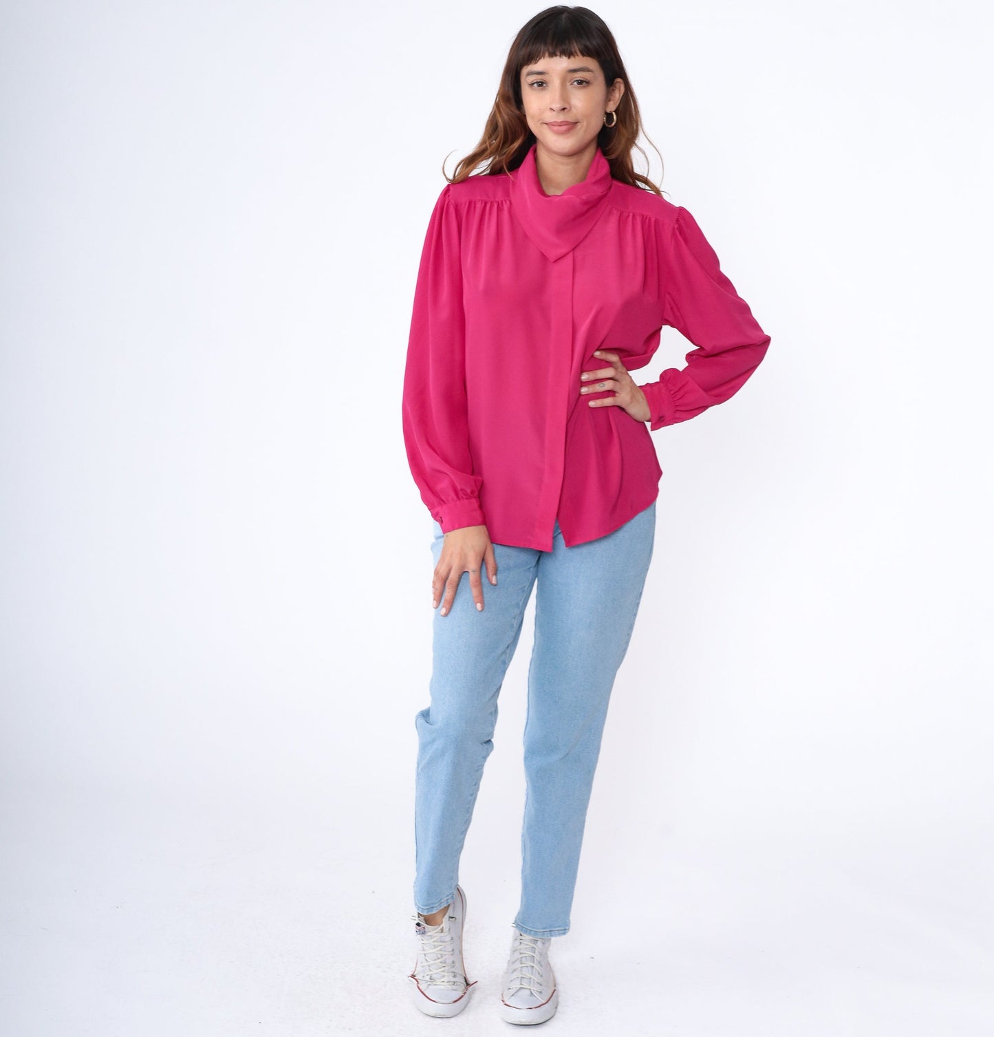 90s Fuchsia Pink Puff Sleeve Blouse Scarf Neck Hidden Button Small